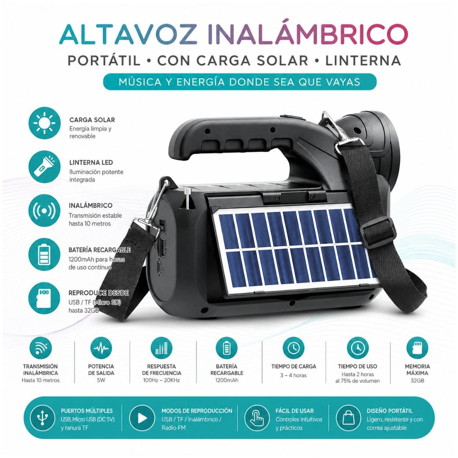PARLANTE BLUETOOTH GTS-2068 CON LINTERNA Y PANEL SOLAR RECARGABLE RADIO USB TF - 3