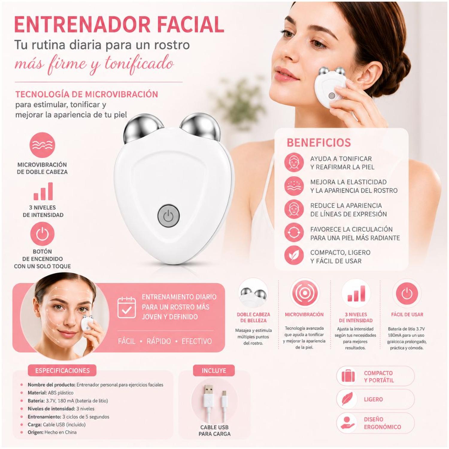 MASAJEADOR FACIAL DE MICROCORRIENTE RECARGABLE DOBLE CABEZAL PARA ARRUGAS FLACIDEZ TAMAÑO M - 4
