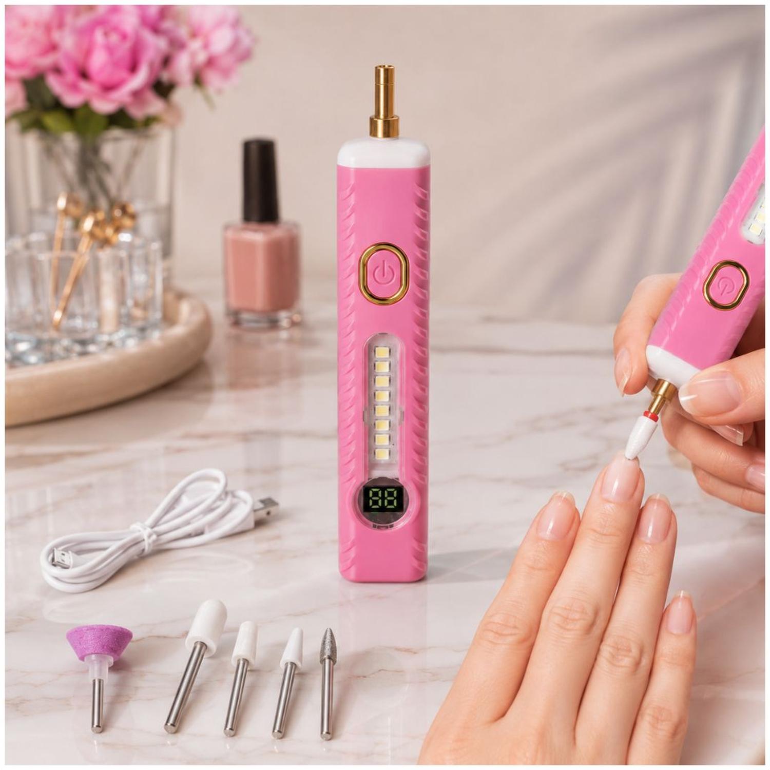 PULIDOR DE UÑAS ELÉCTRICO PROFESIONAL RECARGABLE PANTALLA DIGITAL LUZ LED USB-C + 5 CABEZALES TAMAÑO M - 2