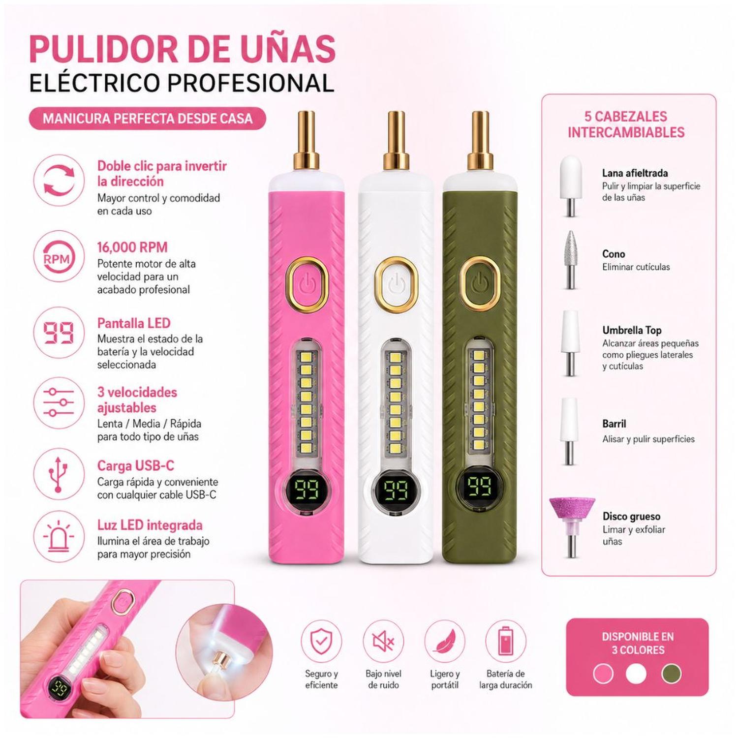 PULIDOR DE UÑAS ELÉCTRICO PROFESIONAL RECARGABLE PANTALLA DIGITAL LUZ LED USB-C + 5 CABEZALES TAMAÑO M - 5
