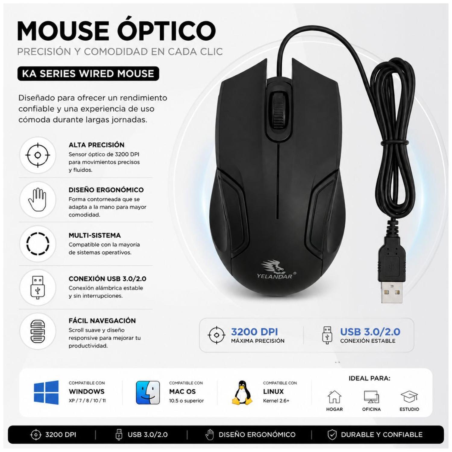 MOUSE ÓPTICO GAMER USB YELANDAR ERGONÓMICO 3200 DPI AJUSTABLE TAMAÑO M - 5