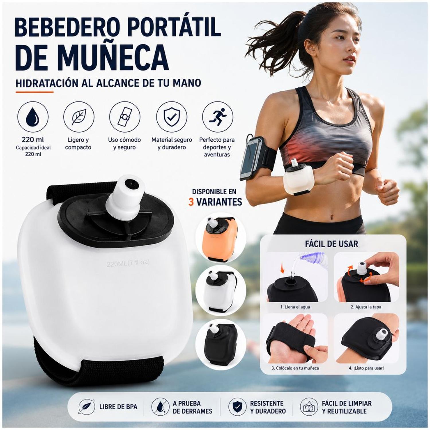 BOTELLA BEBEDERO PORTÁTIL DE MUÑECA 220 ML PARA ENTRENAMIENTO CORRER CICLISMO TAMAÑO M - 4