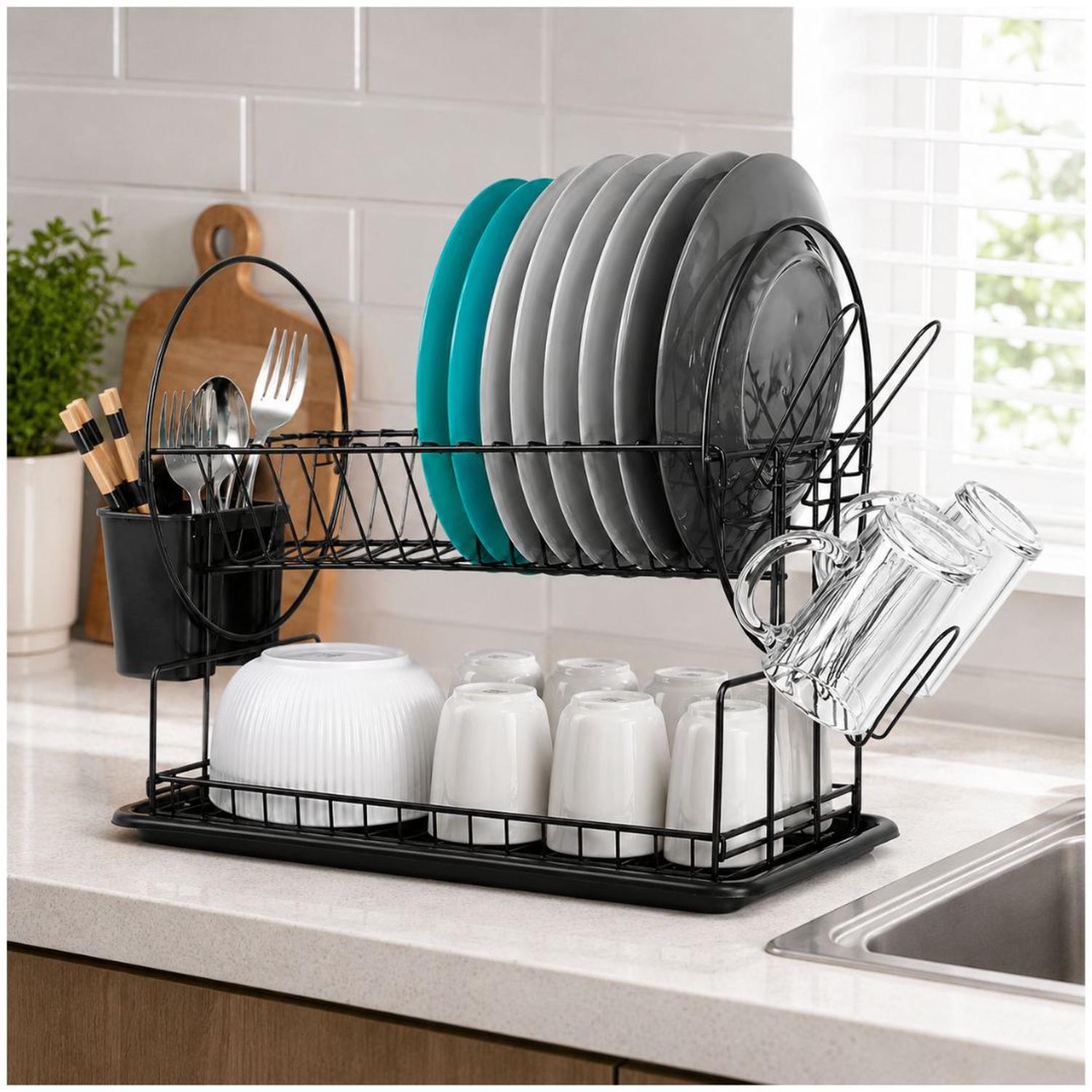 ESCURRIDOR DE PLATOS WL2605 ACERO AL CARBONO 2 NIVELES BANDEJA DE GOTEO 39X42X23CM - 1