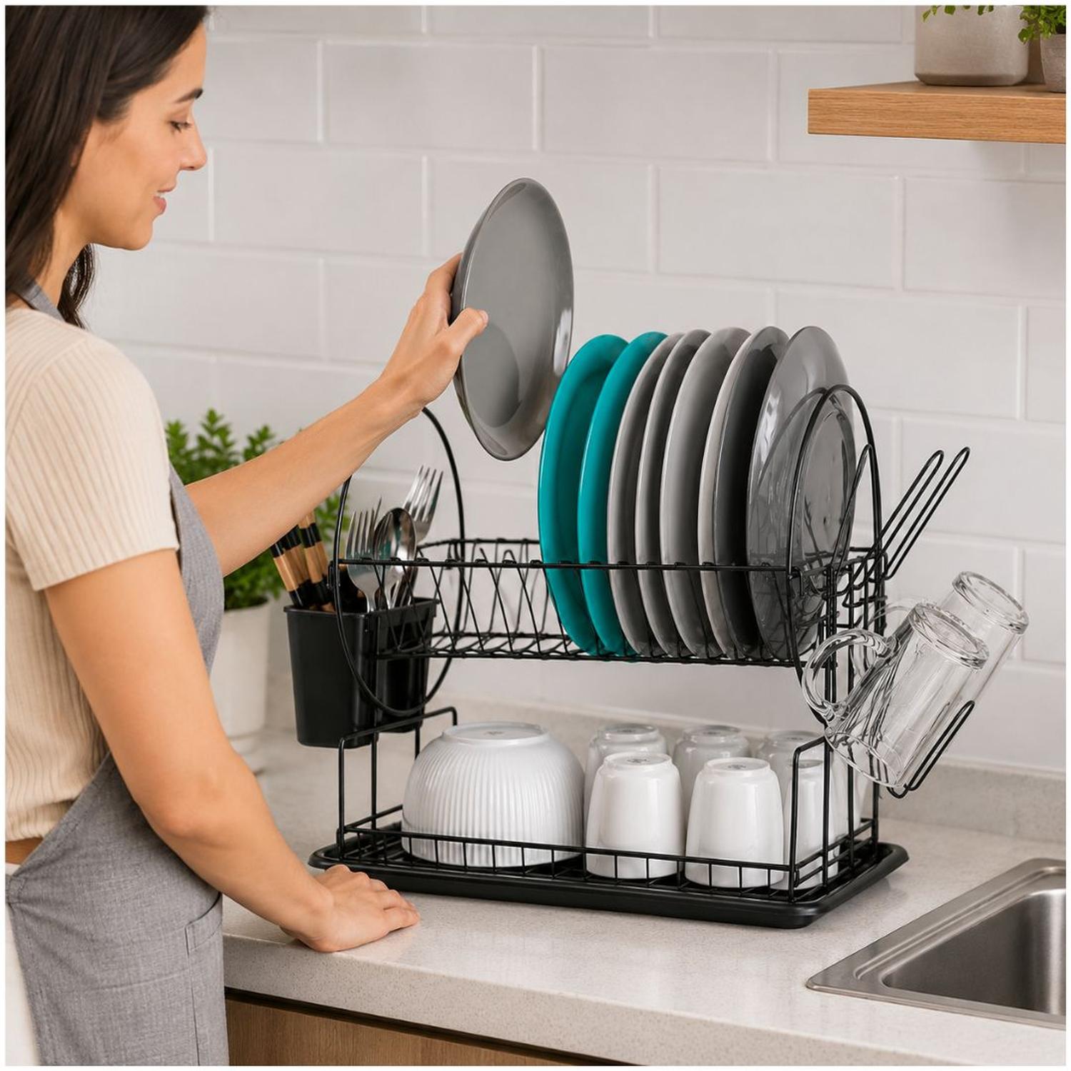 ESCURRIDOR DE PLATOS WL2605 ACERO AL CARBONO 2 NIVELES BANDEJA DE GOTEO 39X42X23CM - 2