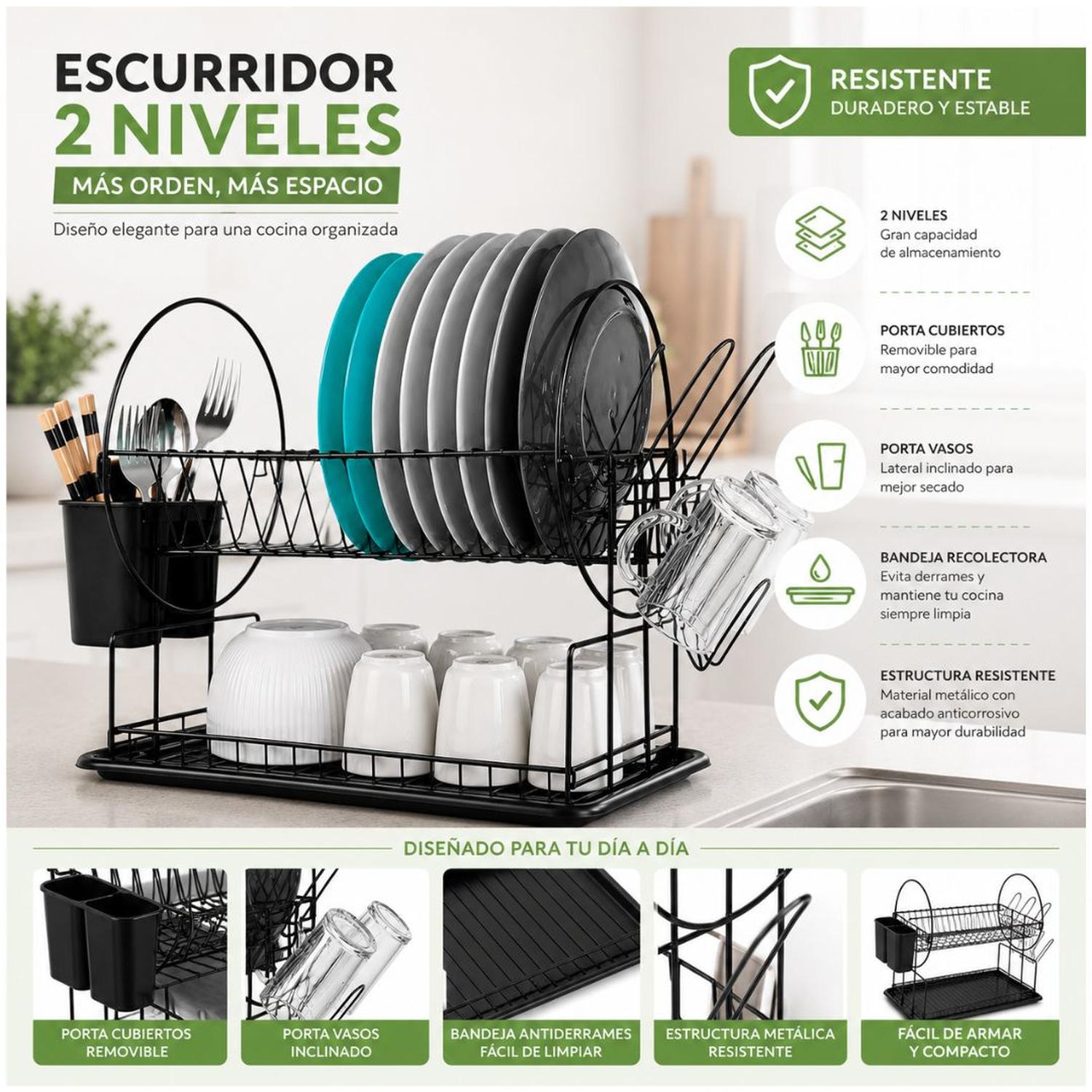 ESCURRIDOR DE PLATOS WL2605 ACERO AL CARBONO 2 NIVELES BANDEJA DE GOTEO 39X42X23CM - 3