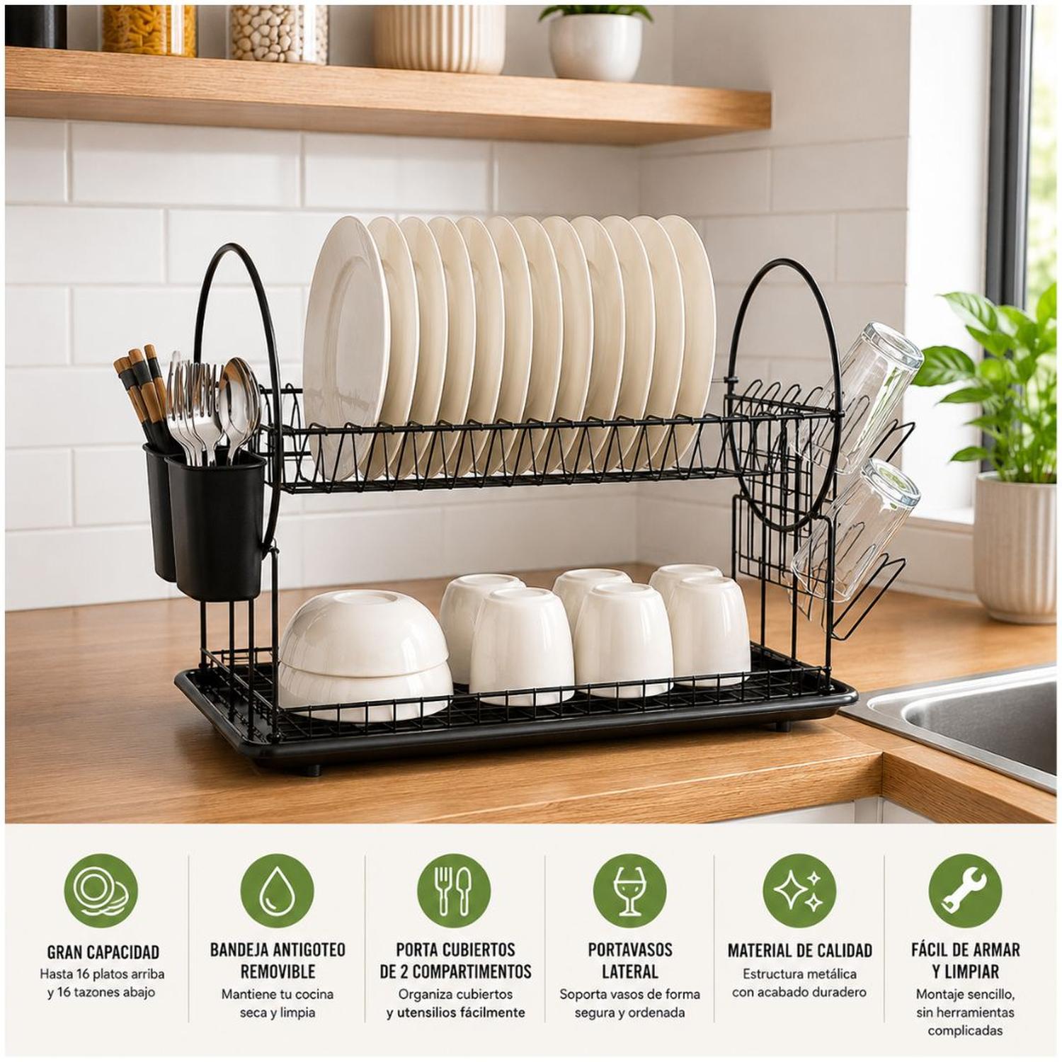 ESCURRIDOR DE PLATOS WL2605 ACERO AL CARBONO 2 NIVELES BANDEJA DE GOTEO 39X42X23CM - 4