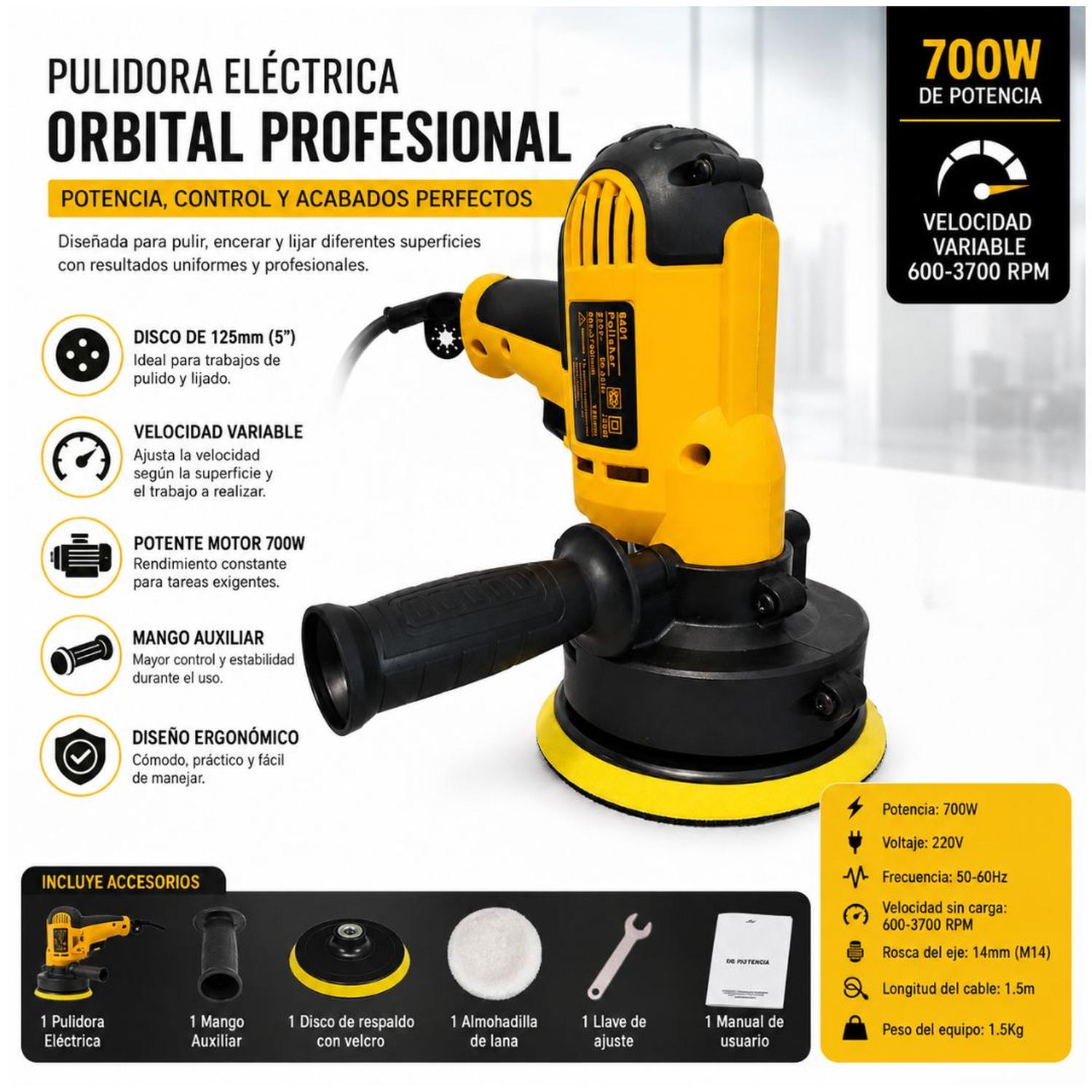 PULIDORA LIJADORA PROFESIONAL DWE6401 ELÉCTRICA ORBITAL 5' 700W DE 600-3700 RPM - 3