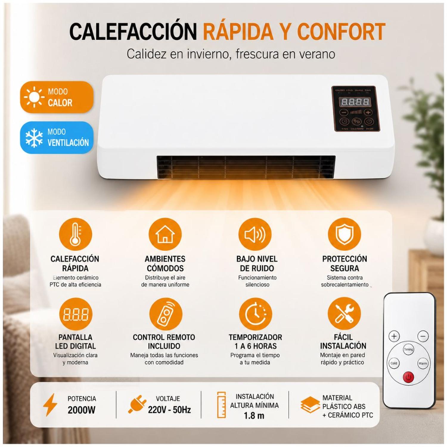 VENTILADOR CALEFACTOR ELÉCTRICO DE PARED 2 EN 1 DE 2000W PANTALLA LED CONTROL REMOTO - 2