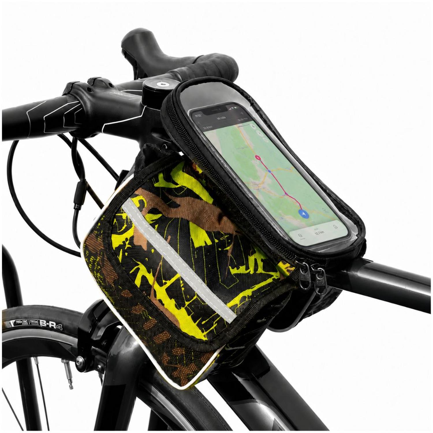 CANGURO PORTAOBJETOS PARA BICICLETA CON DOBLE COMPARTIMENTO Y PORTA CELULAR TÁCTIL TAMAÑO M - 1