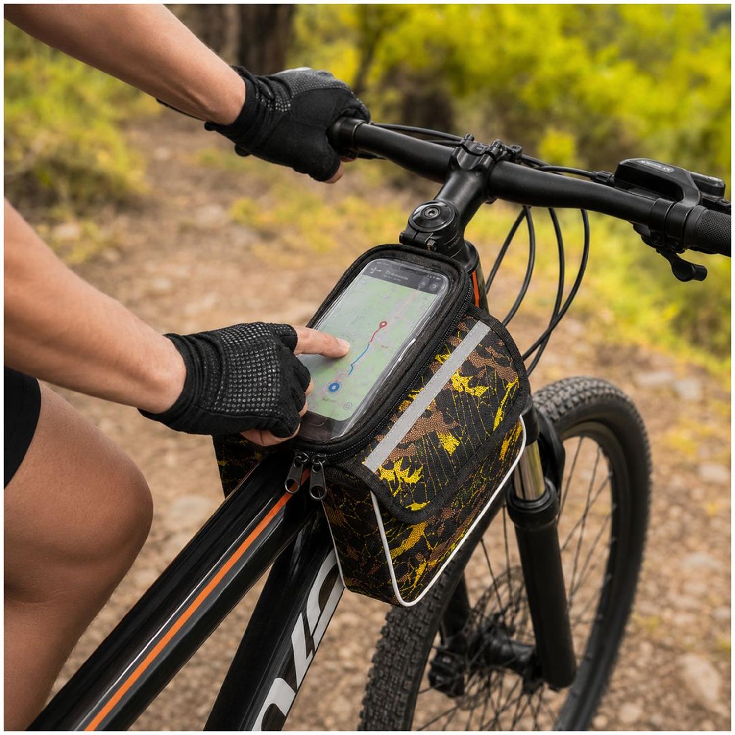 CANGURO PORTAOBJETOS PARA BICICLETA CON DOBLE COMPARTIMENTO Y PORTA CELULAR TÁCTIL TAMAÑO M - 2