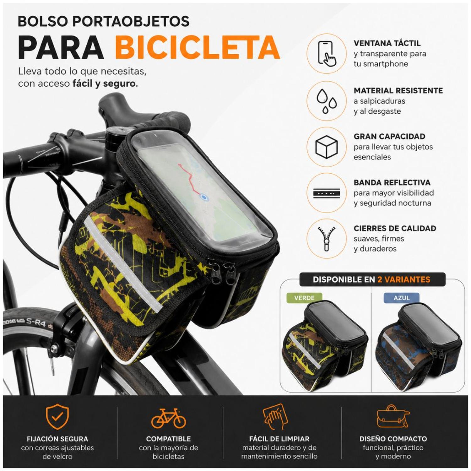 CANGURO PORTAOBJETOS PARA BICICLETA CON DOBLE COMPARTIMENTO Y PORTA CELULAR TÁCTIL TAMAÑO M - 3