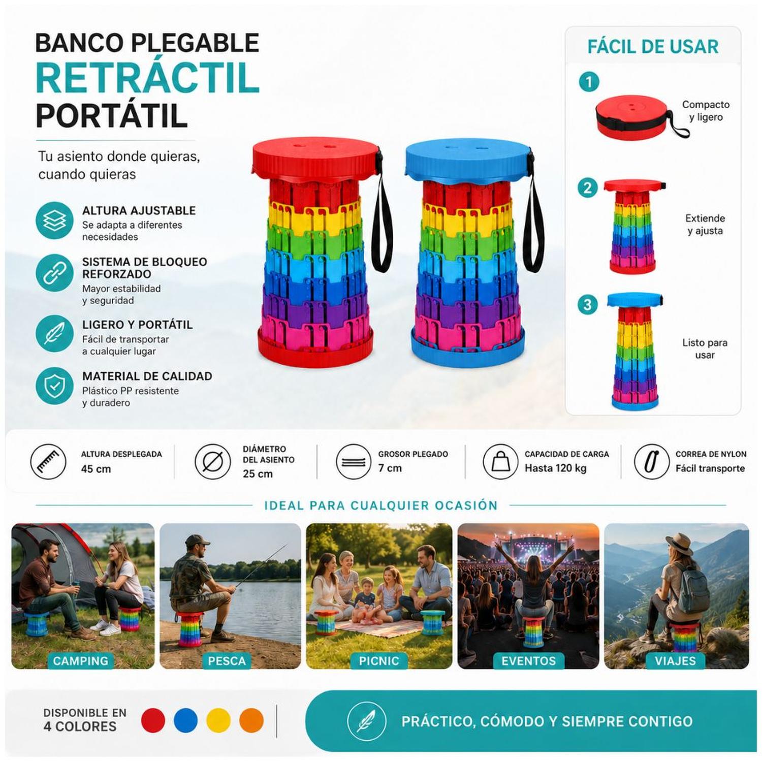 BANCO PLEGABLE RETRÁCTIL PORTÁTIL MULTIUSOS PARA CAMPING PESCA VIAJES COLOR ALEATORIO - 2