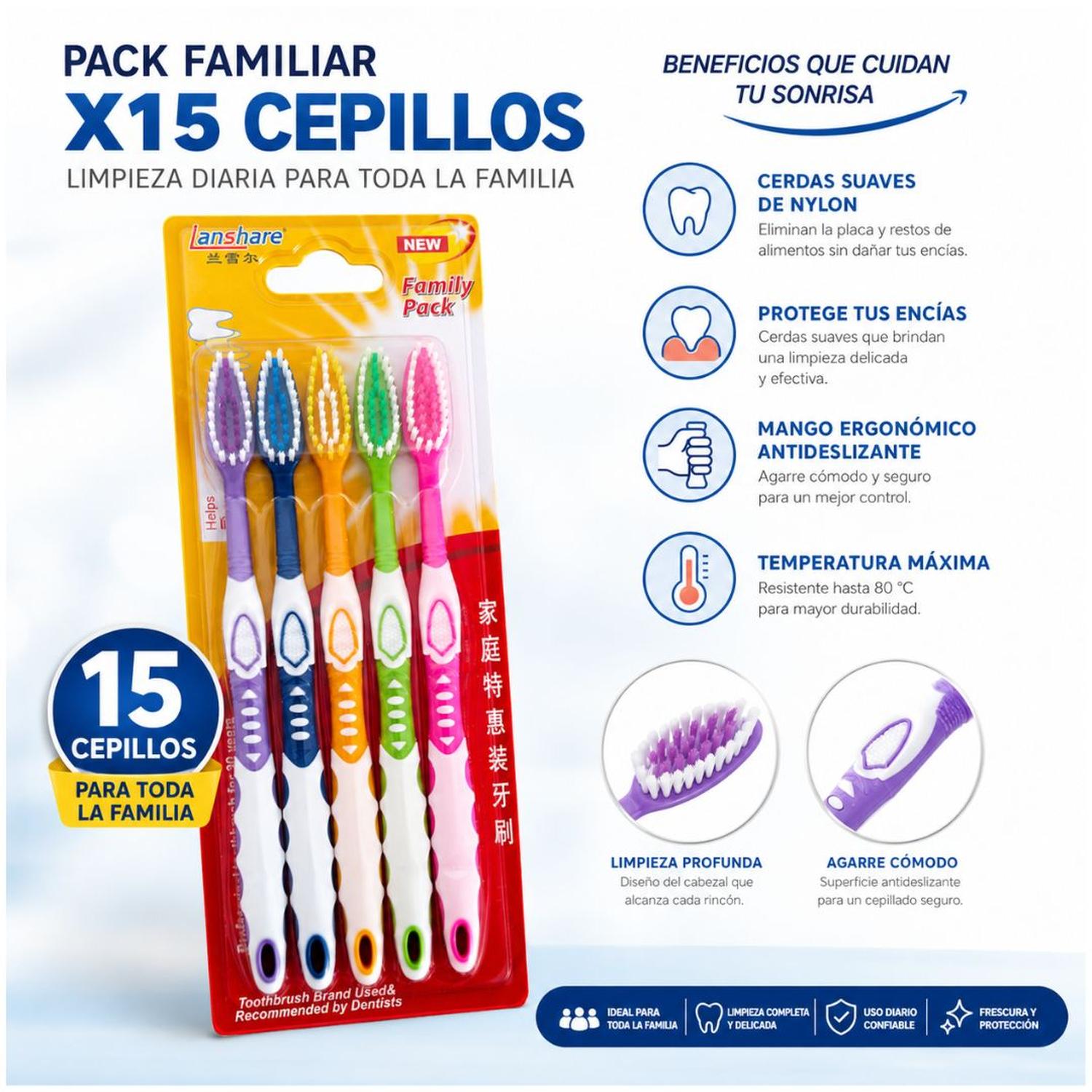PACK X15 CEPILLO DENTAL DIENTES FAMILIAR MULTICOLOR CERDAS SUAVES MANGO ERGONÓMICO - 2