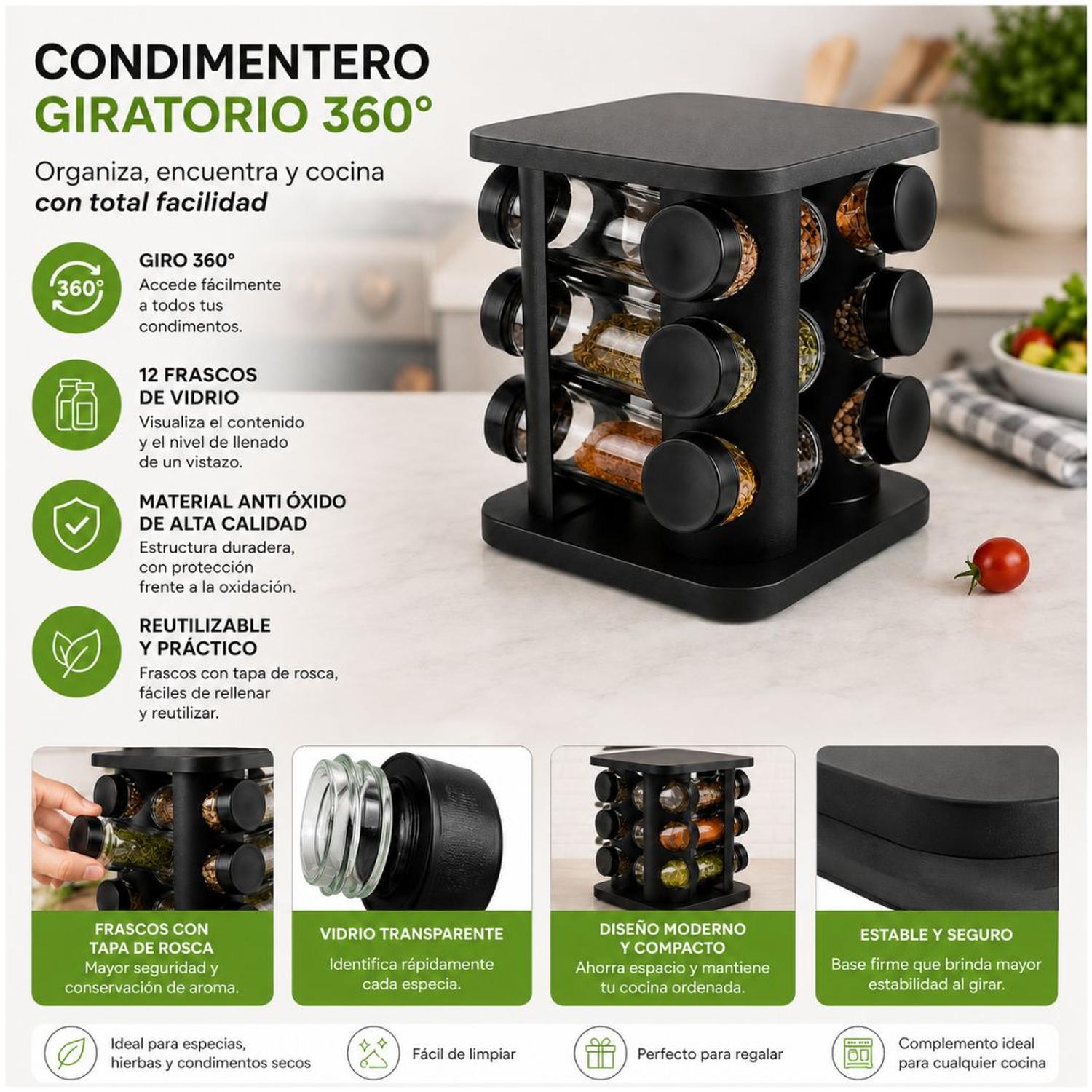 CONDIMENTERO ESPECIEROS ORGANIZADOR CONDIMENTOS NEGRO 360° 12 FRASCOS DE VIDRIO - 3