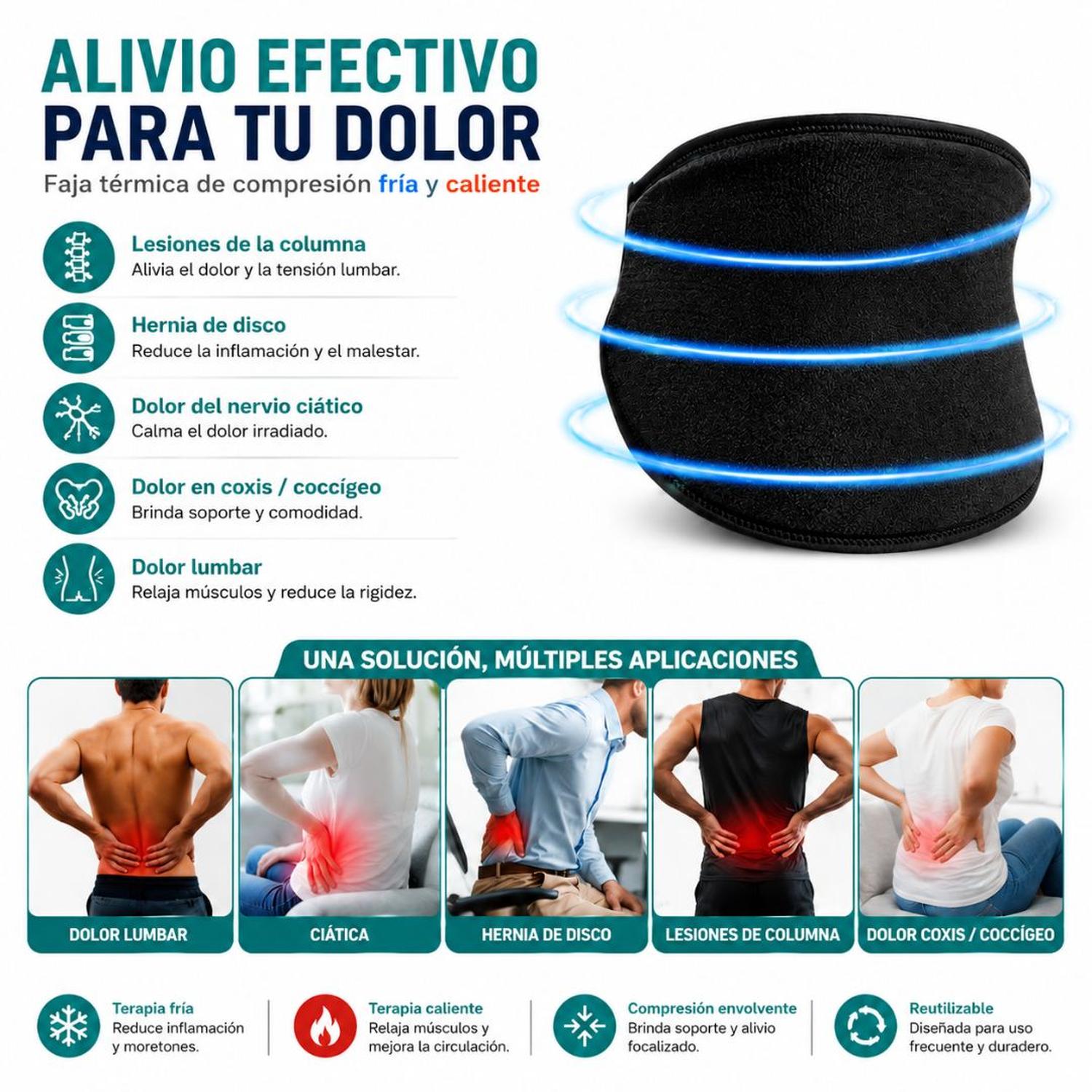 FAJA TÉRMICA COMPRESA FRIO Y CALOR PARA ESPALDA Y CINTURA AJUSTABLE CINTURÓN TERAPÉUTICO - 2