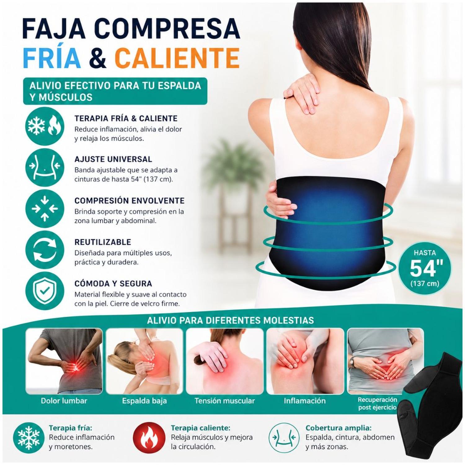 FAJA TÉRMICA COMPRESA FRIO Y CALOR PARA ESPALDA Y CINTURA AJUSTABLE CINTURÓN TERAPÉUTICO - 4