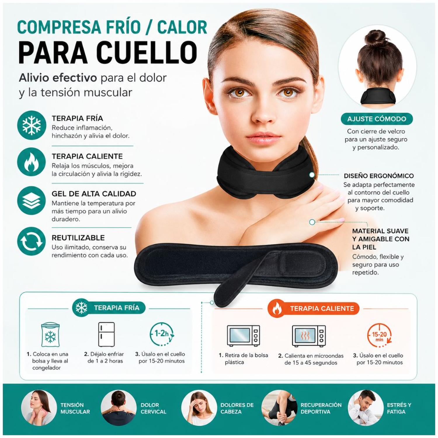 COLLAR TERAPÉUTICO PARA CUELLO CUELLERA FRÍO Y CALOR AJUSTABLE COMPRESA DE GEL CERVICAL - 2