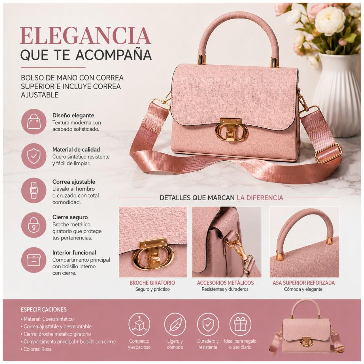 CARTERA DE MANO ELEGANTE PARA MUJER CON CORREA AJUSTABLE Y BROCHE DORADO - 4