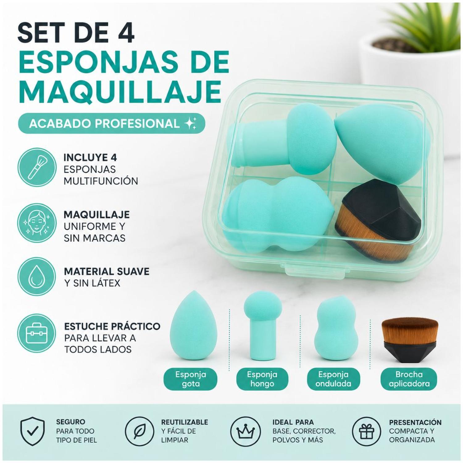 SET X4 ESPONJAS DE MAQUILLAJE CON BROCHA CON ESTUCHE ORGANIZADOR PORTÁTIL - 4
