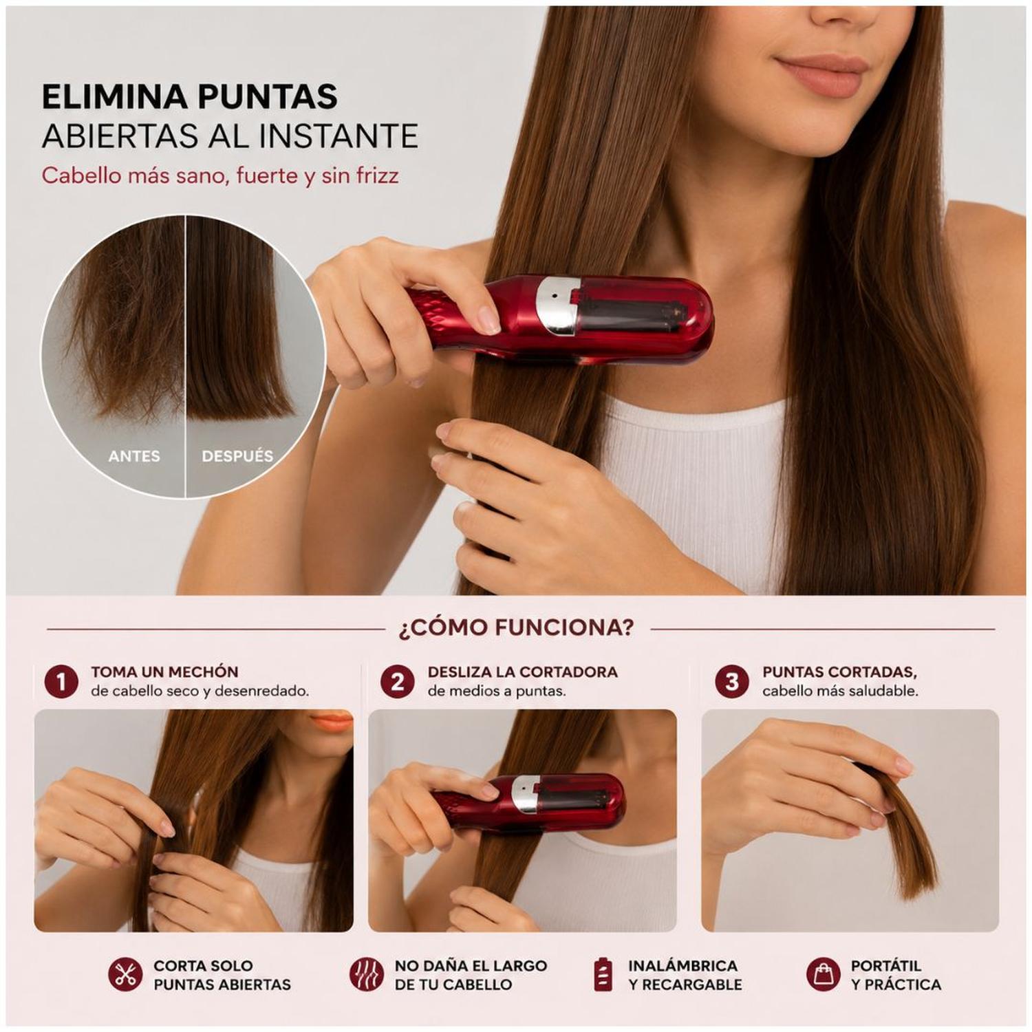 CORTADORA DE PUNTAS ABIERTAS QUITA HORQUILLA CABELLO INALÁMBRICA RECARGABLE RH-6668 - 2