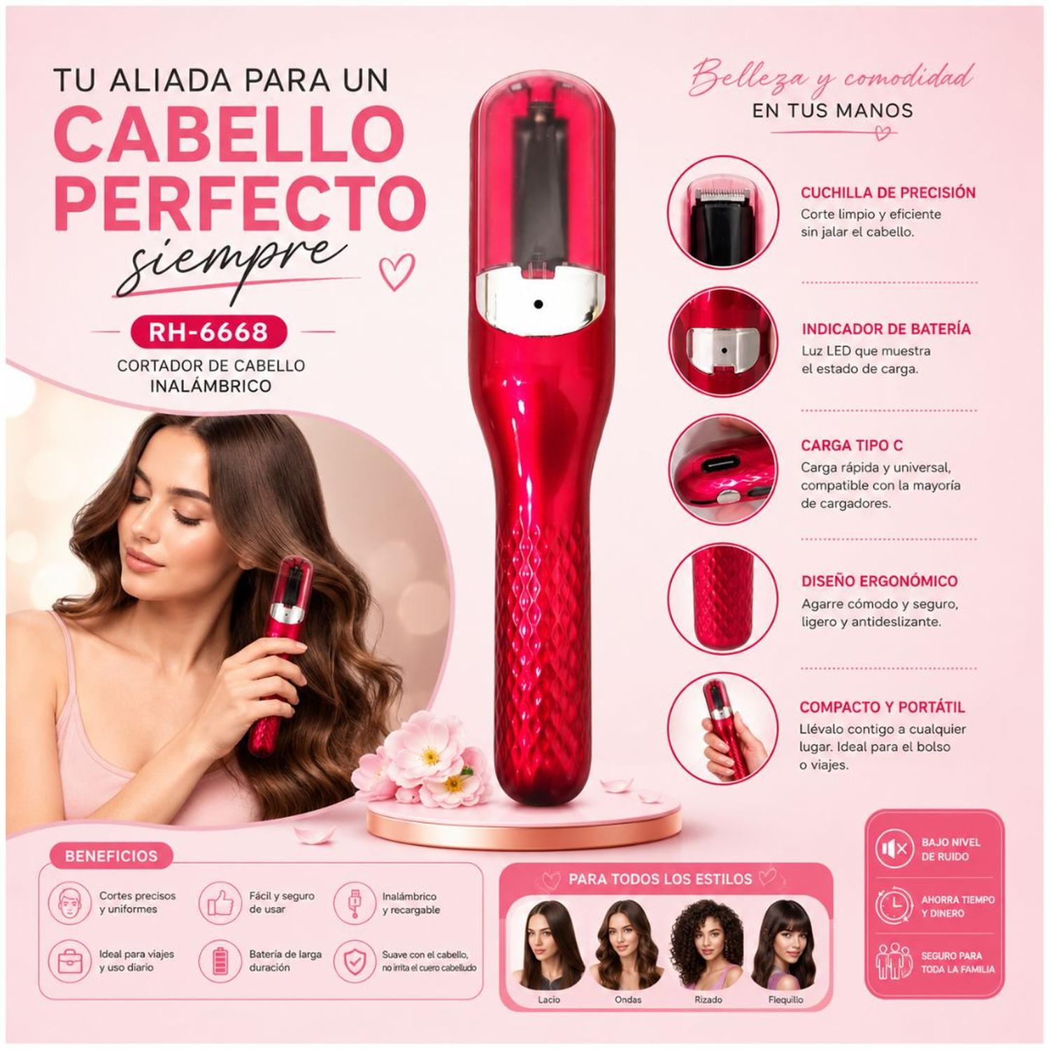 CORTADORA DE PUNTAS ABIERTAS QUITA HORQUILLA CABELLO INALÁMBRICA RECARGABLE RH-6668 - 3
