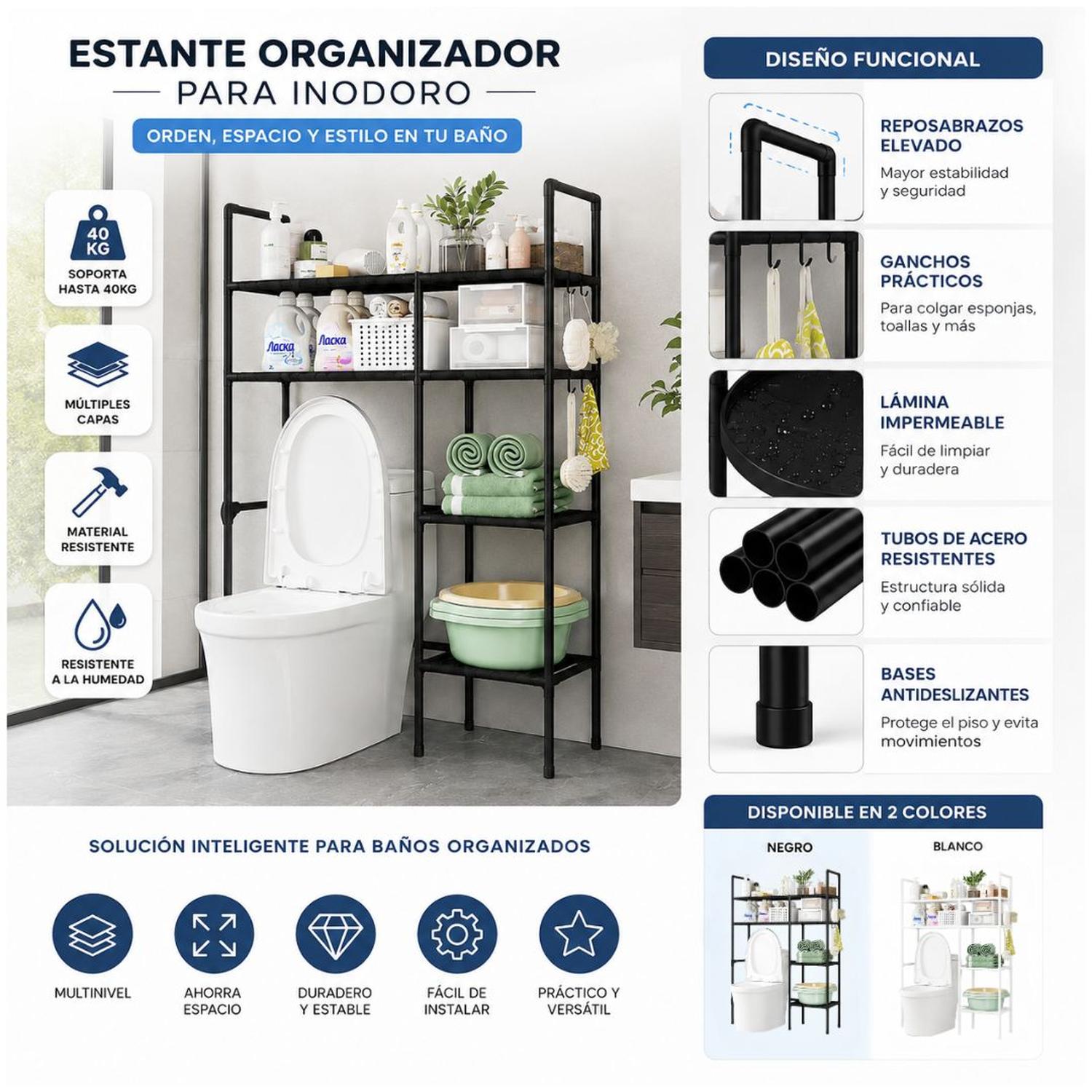 ESTANTE ORGANIZADOR MULTIUSOS PARA INODORO BAÑO 4 NIVELES 2 CUERPOS 138X81X25CM TAMAÑO M - 3