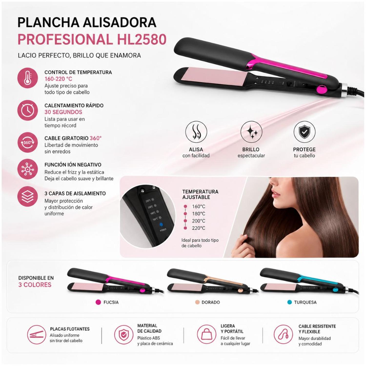 PLANCHA DE PELO ALISADOR PROFESIONAL PARA CABELLO PTC HL2580 T° 160°C-220°C TAMAÑO M - 4