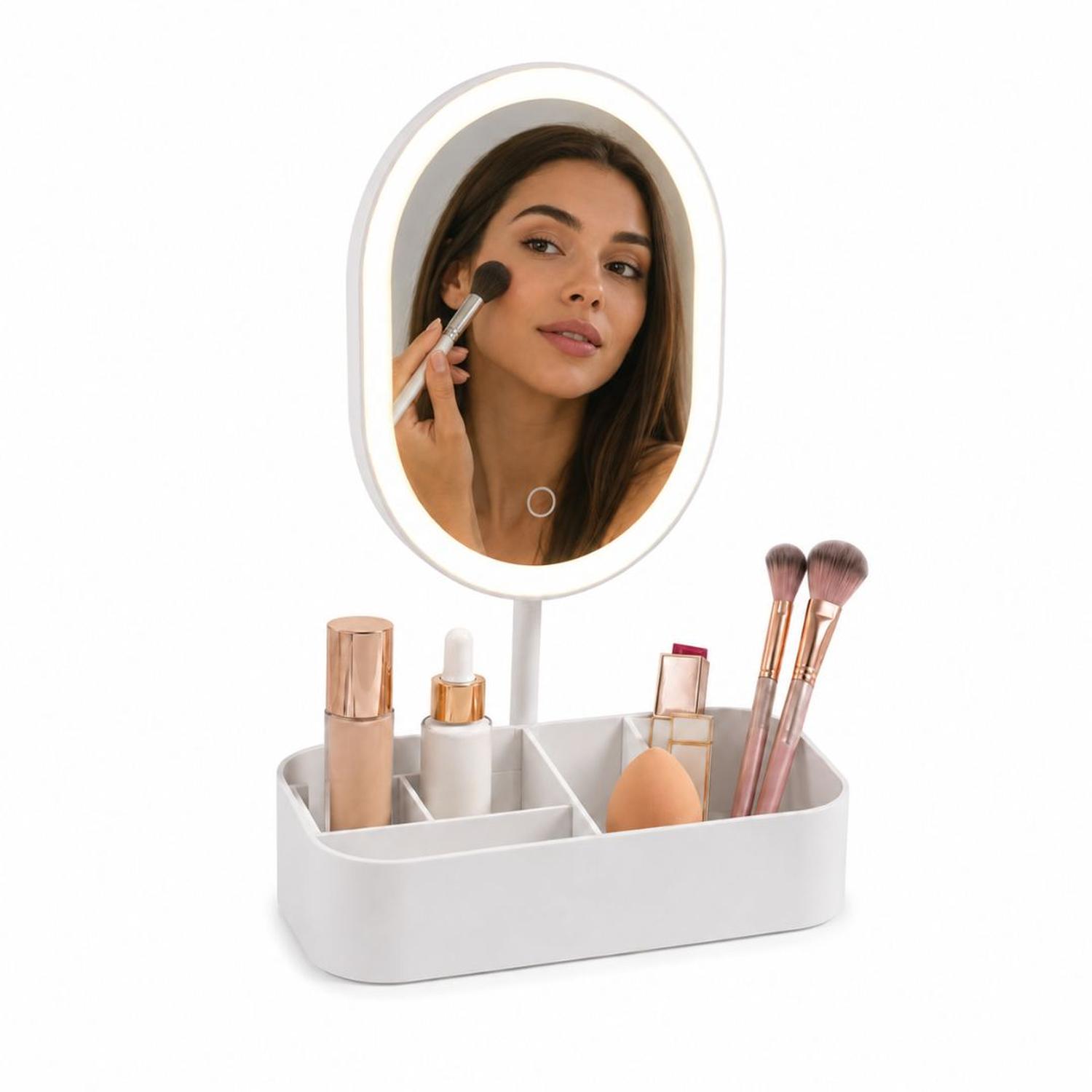 ESPEJO LED REDONDO RECARGABLE CON PORTA MAQUILLAJE 3 TONOS DE LUZ CONTROL TÁCTIL TAMAÑO M - 1