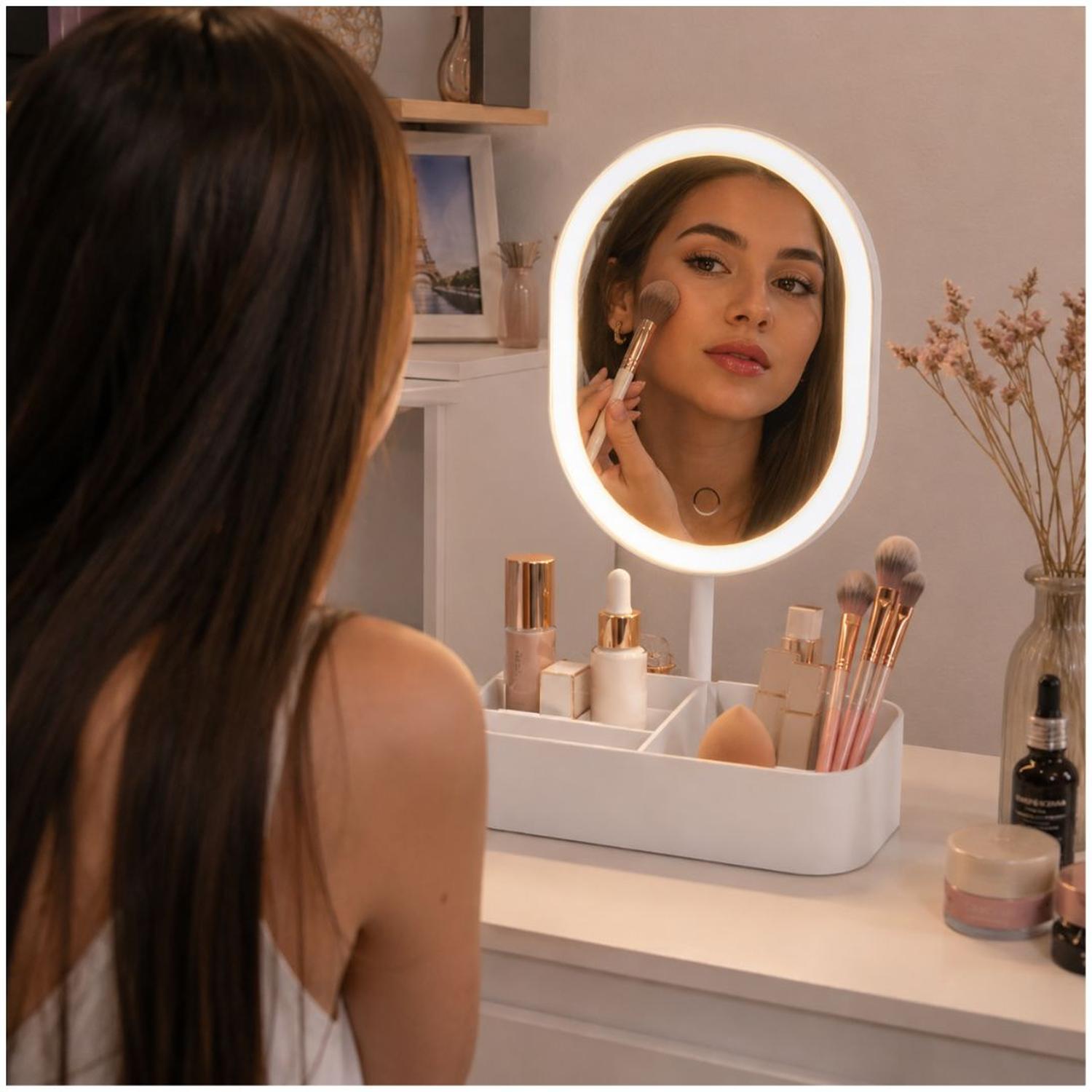 ESPEJO LED REDONDO RECARGABLE CON PORTA MAQUILLAJE 3 TONOS DE LUZ CONTROL TÁCTIL TAMAÑO M - 2