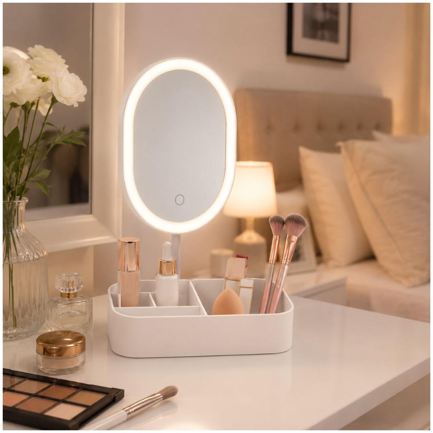ESPEJO LED REDONDO RECARGABLE CON PORTA MAQUILLAJE 3 TONOS DE LUZ CONTROL TÁCTIL TAMAÑO M - 3