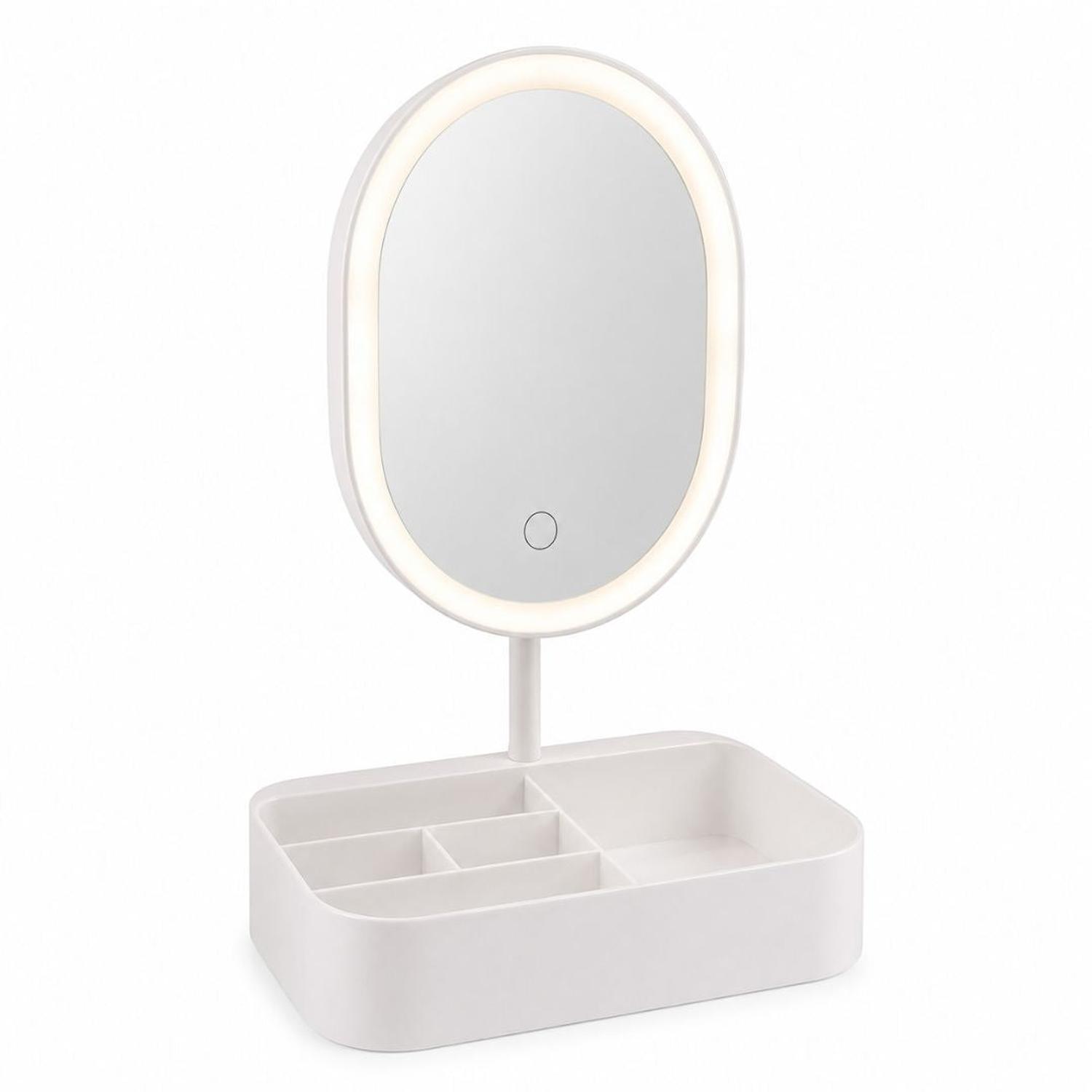 ESPEJO LED REDONDO RECARGABLE CON PORTA MAQUILLAJE 3 TONOS DE LUZ CONTROL TÁCTIL TAMAÑO M - 4