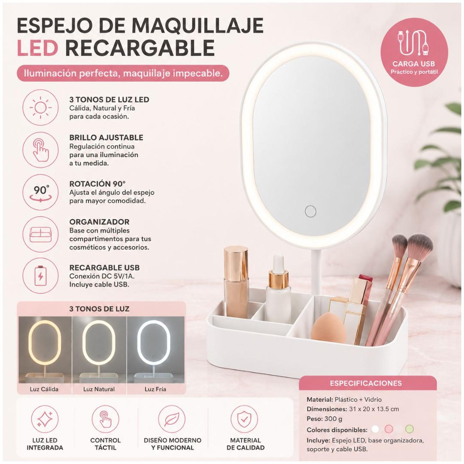 ESPEJO LED REDONDO RECARGABLE CON PORTA MAQUILLAJE 3 TONOS DE LUZ CONTROL TÁCTIL TAMAÑO M - 5