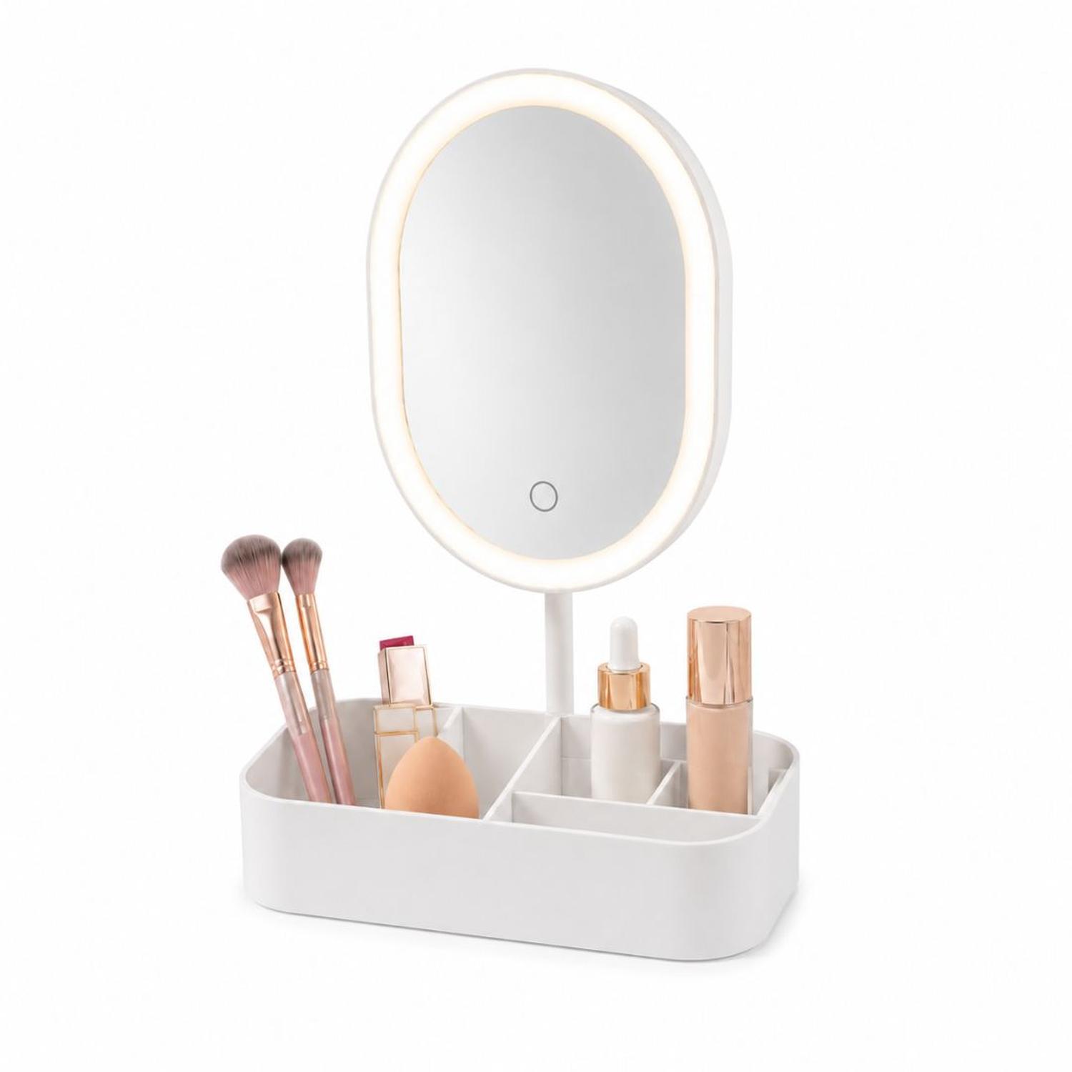 ESPEJO LED REDONDO RECARGABLE CON PORTA MAQUILLAJE 3 TONOS DE LUZ CONTROL TÁCTIL TAMAÑO M - 6