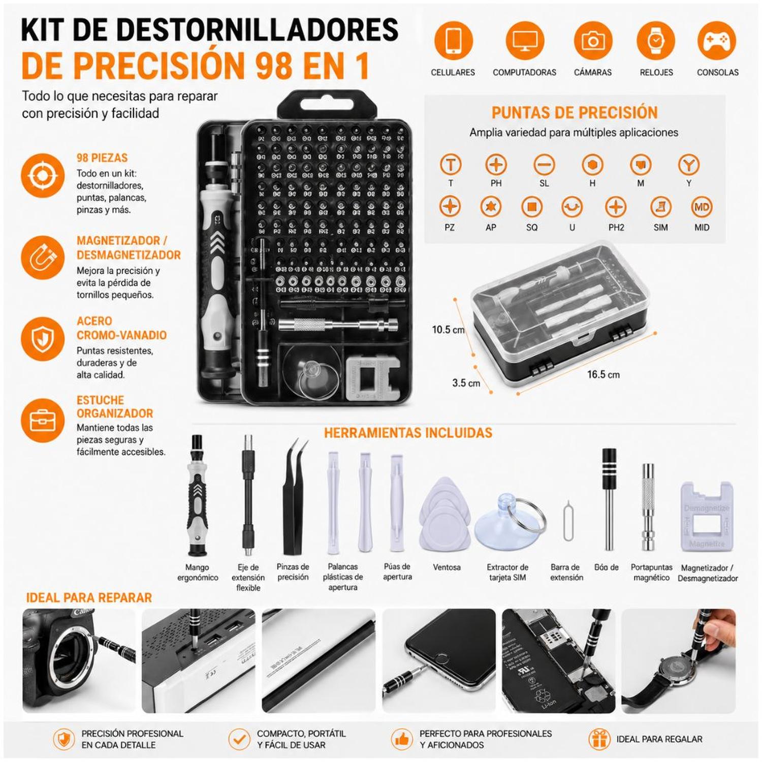 KIT DESTORNILLADOR 115 PIEZAS CON 98 PUNTAS MAGNÉTICAS DE PRECISIÓN MULTIUSOS - 2