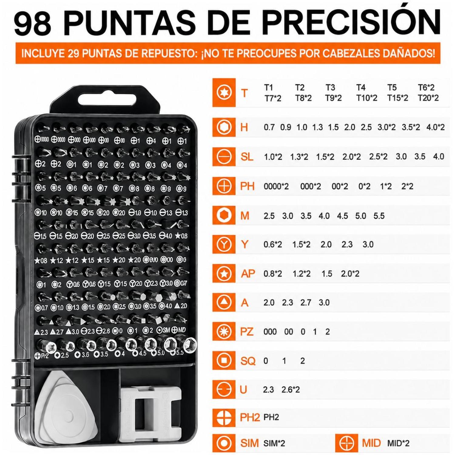 KIT DESTORNILLADOR 115 PIEZAS CON 98 PUNTAS MAGNÉTICAS DE PRECISIÓN MULTIUSOS - 9