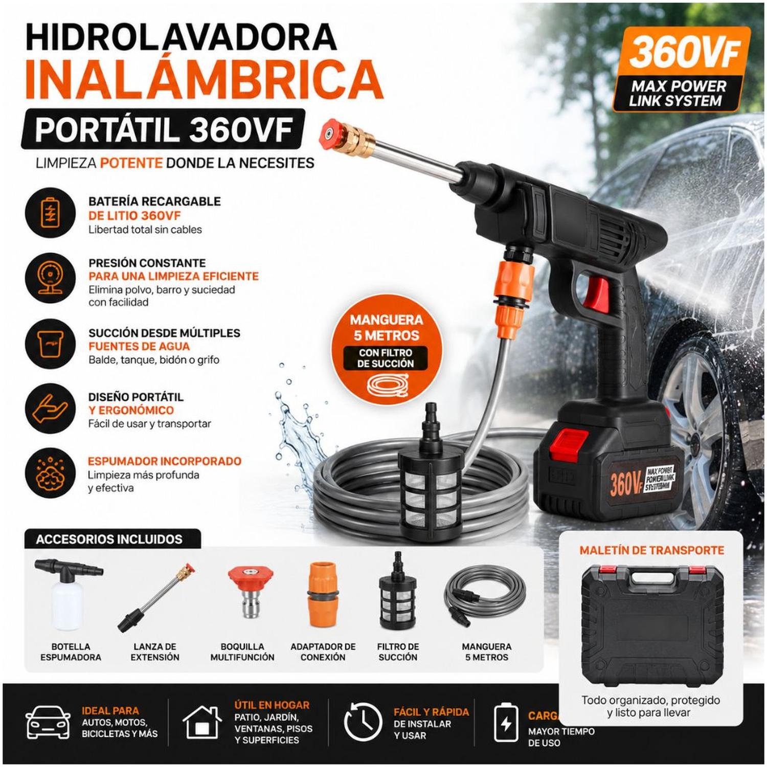 HIDROLAVADORA ALTA PRESIÓN INALÁMBRICA 360VF RECARGABLE AUTO HIDROJET LAVADO - 2