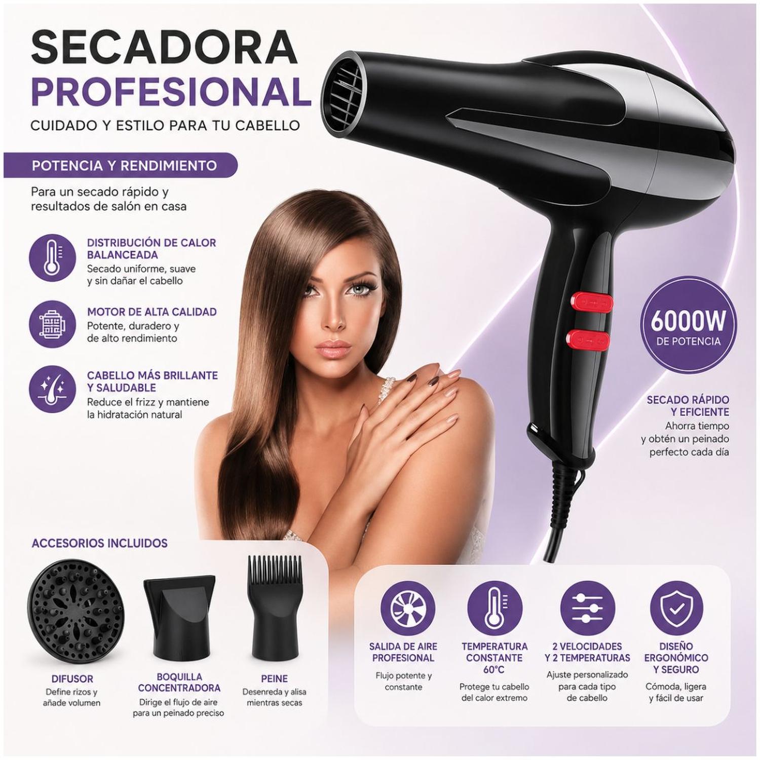 SECADORA DE CABELLO 80173 PROFESIONAL 6000W 5 EN 1 CON DIFUSOR AIRE FRÍO Y CALIENTE - 2