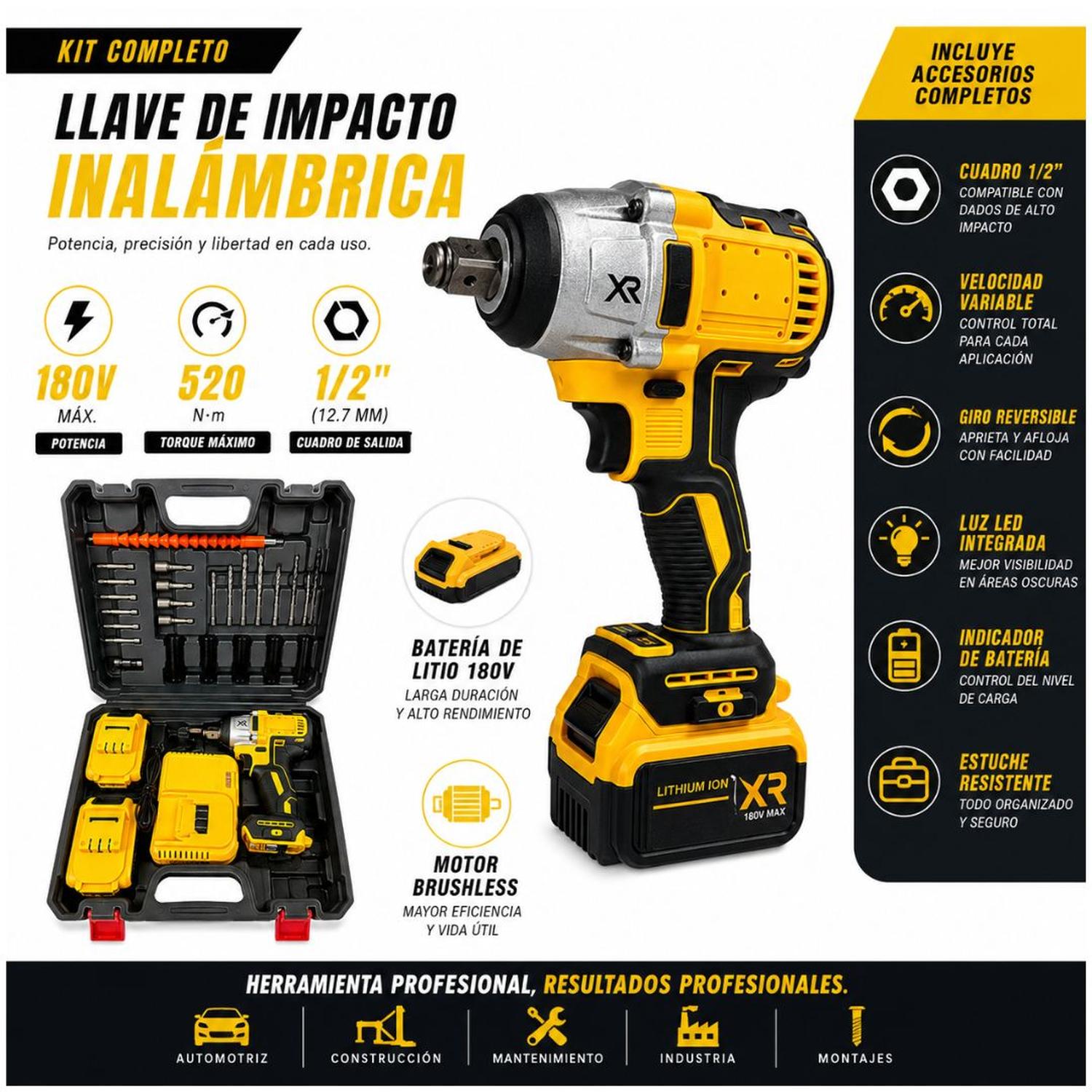 KIT LLAVE DE IMPACTO INALÁMBRICA 1/2' DOBLE BATERÍA 180V TALADRO ATORNILLADOR - 2