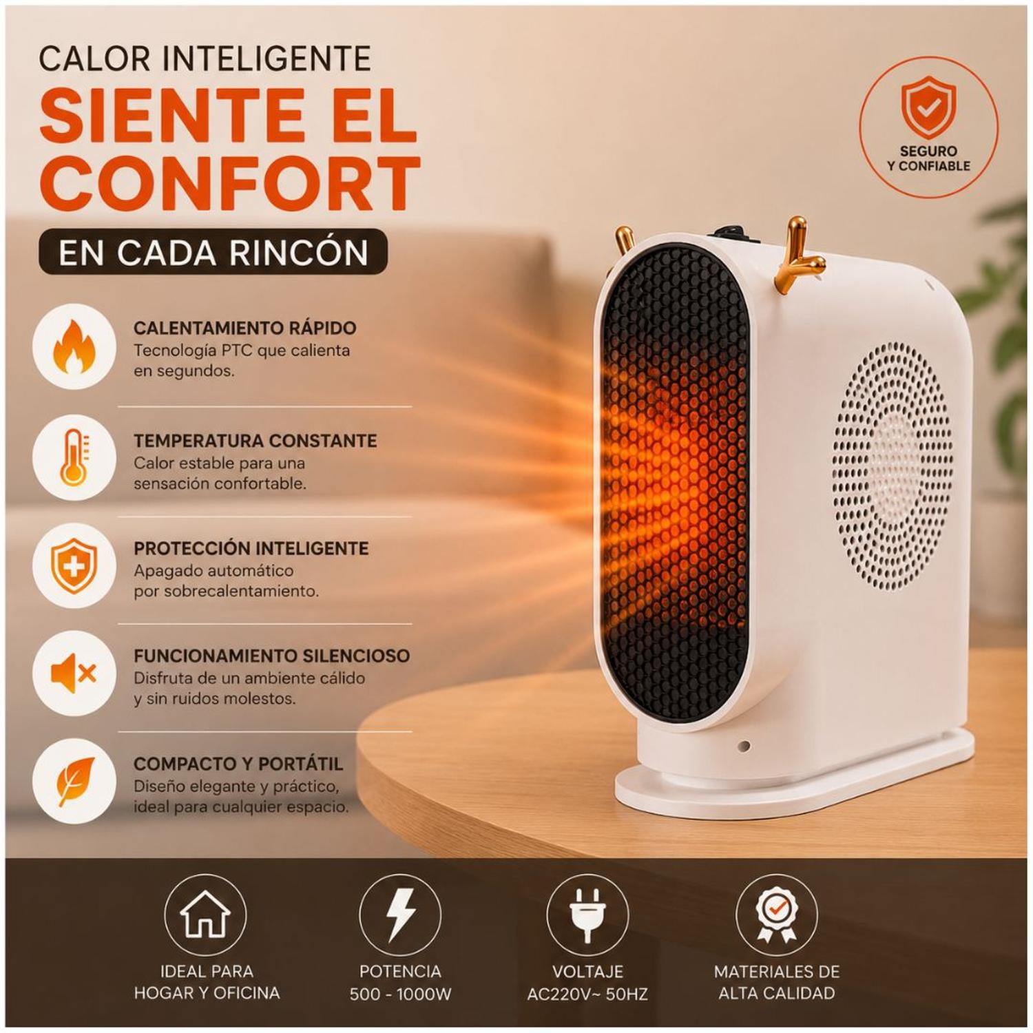 CALEFACTOR ELÉCTRICO PORTÁTIL PTC DE 1000W CALENTAMIENTO CERÁMICO RÁPIDO - 4