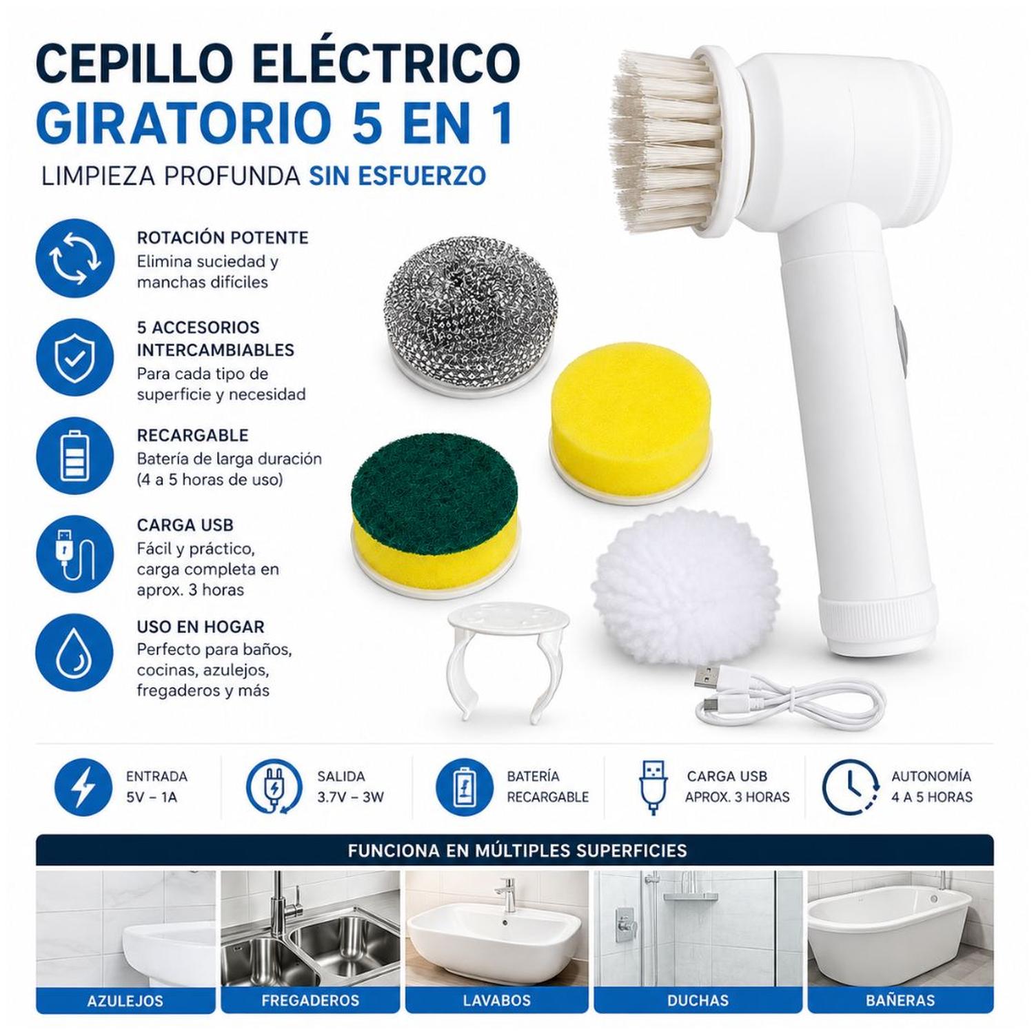 CEPILLO ELÉCTRICO GIRATORIO RECARGABLE 5 EN 1 PARA LIMPIEZA PROFUNDA MULTIUSOS - 2