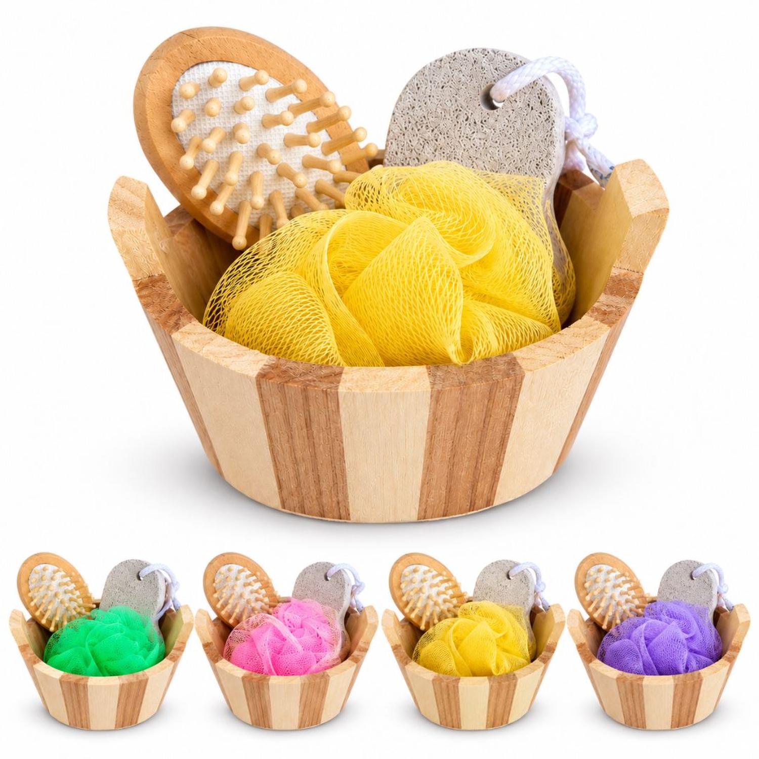 SET DE BAÑO SPA DE MADERA 4 EN 1 CEPILLO DE MASAJE PIEDRA PÓMEZ Y MALLA COLOR ALEATORIO - 1