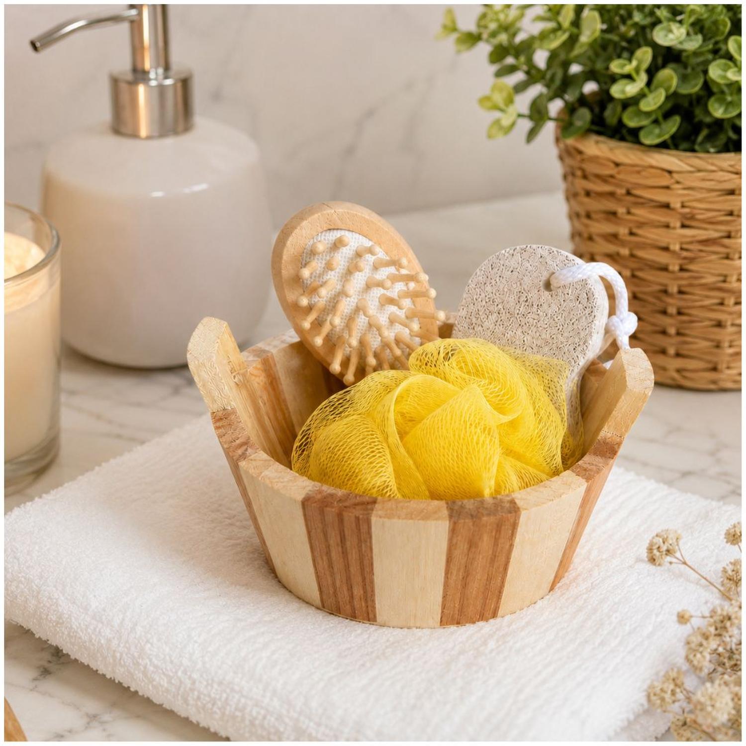 SET DE BAÑO SPA DE MADERA 4 EN 1 CEPILLO DE MASAJE PIEDRA PÓMEZ Y MALLA COLOR ALEATORIO - 2