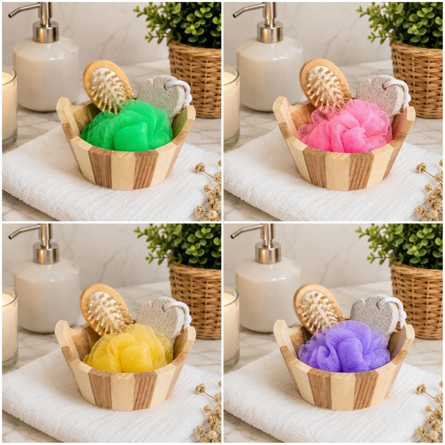 SET DE BAÑO SPA DE MADERA 4 EN 1 CEPILLO DE MASAJE PIEDRA PÓMEZ Y MALLA COLOR ALEATORIO - 3