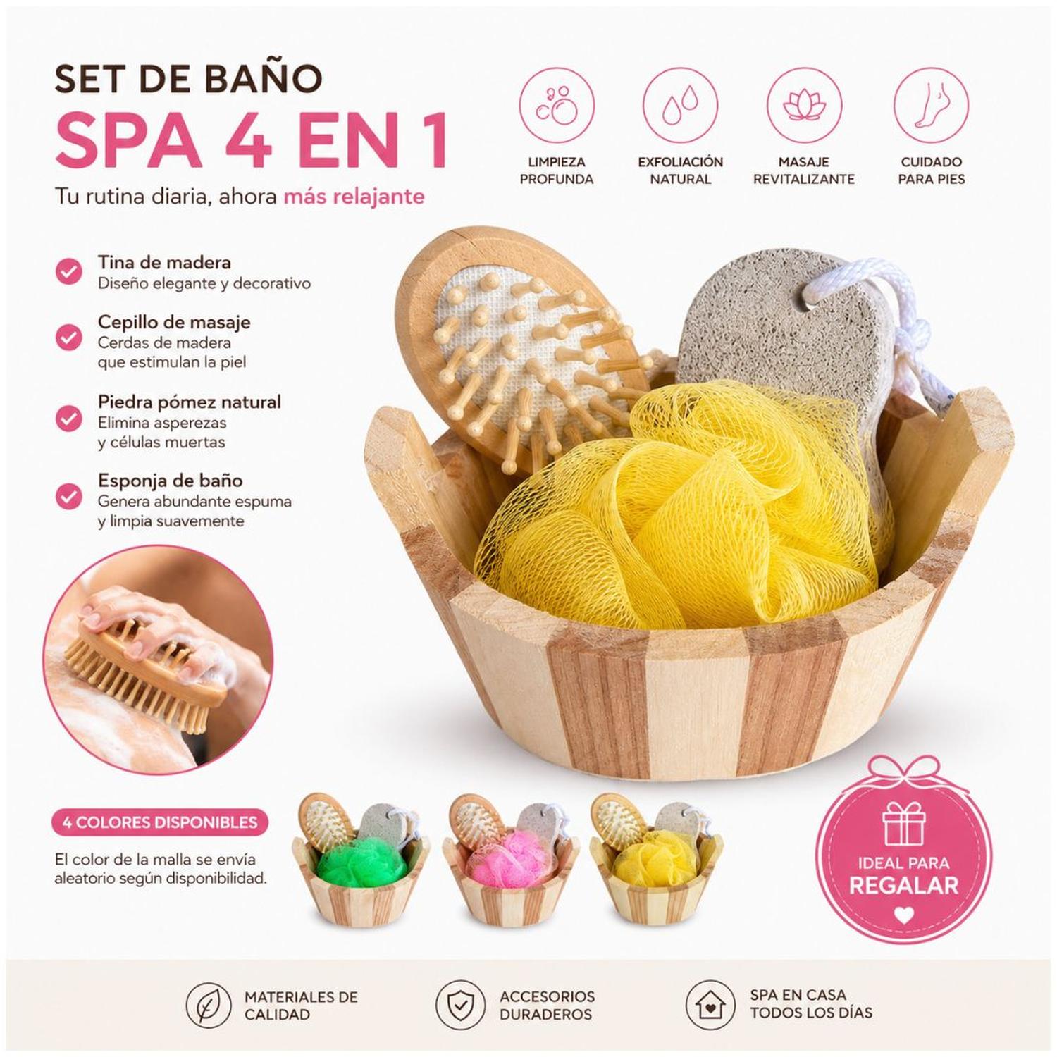 SET DE BAÑO SPA DE MADERA 4 EN 1 CEPILLO DE MASAJE PIEDRA PÓMEZ Y MALLA COLOR ALEATORIO - 4