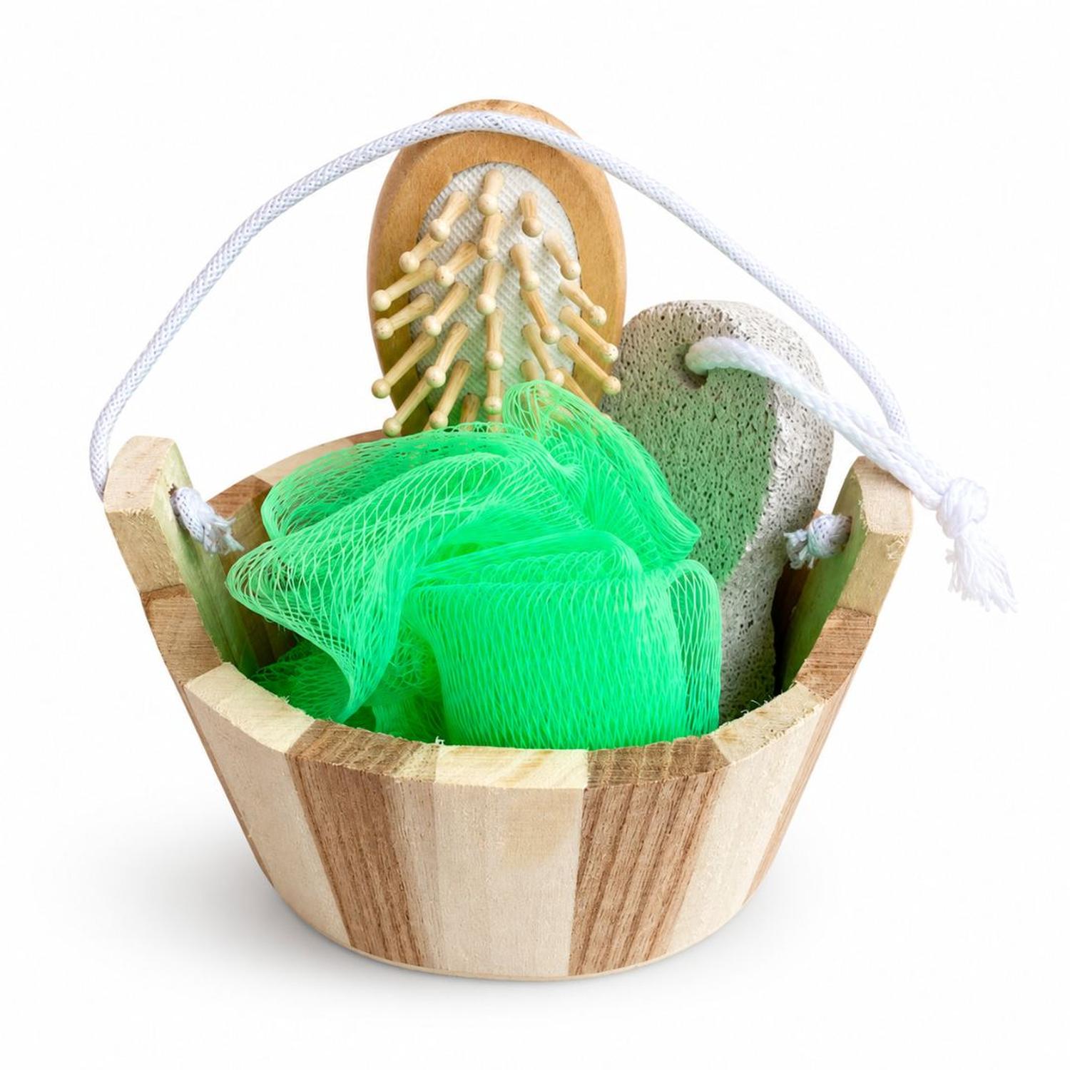SET DE BAÑO SPA DE MADERA 4 EN 1 CEPILLO DE MASAJE PIEDRA PÓMEZ Y MALLA COLOR ALEATORIO - 5