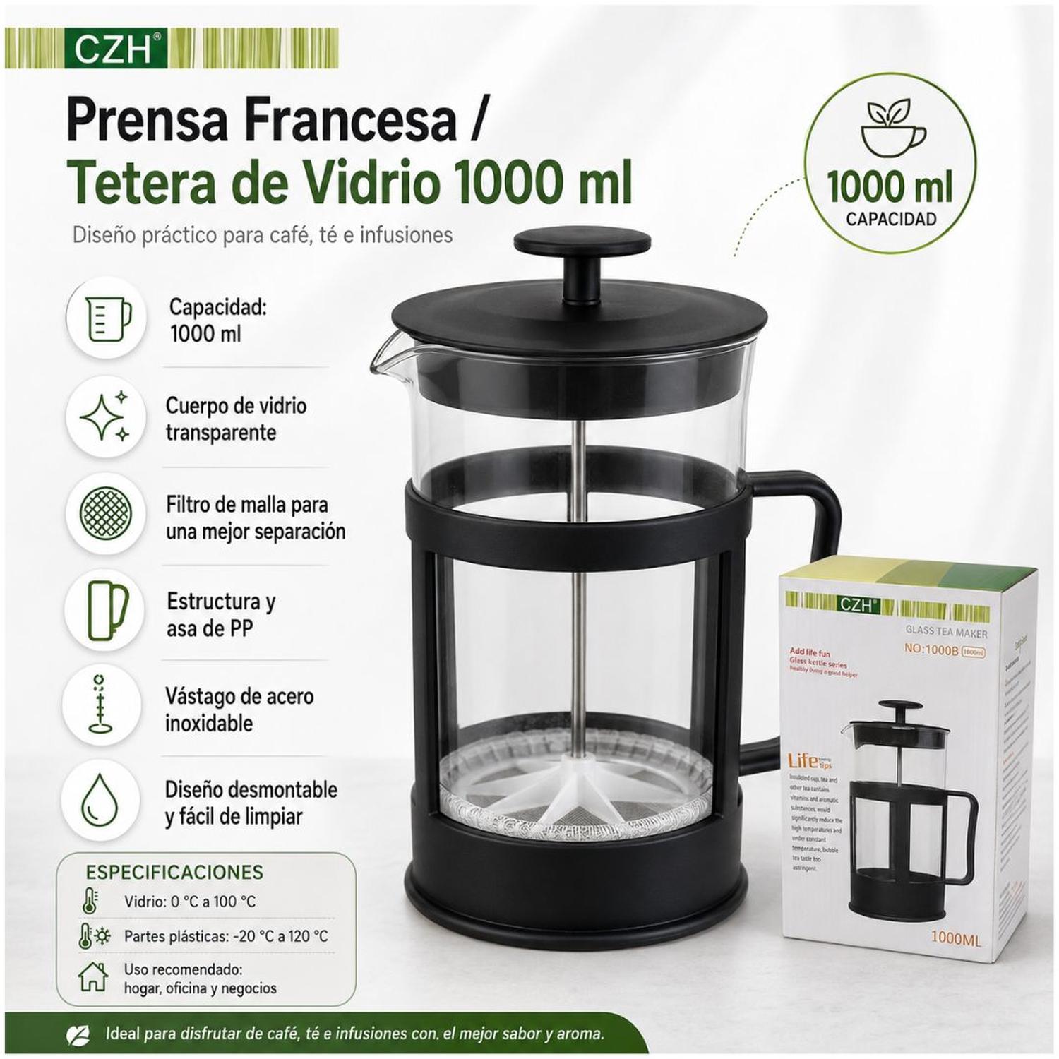 CAFETERA MANUAL PRENSA FRANCESA DE VIDRIO 1000 ML PARA CAFÉ Y TÉ CON FILTRO DE ÉMBOLO - 4