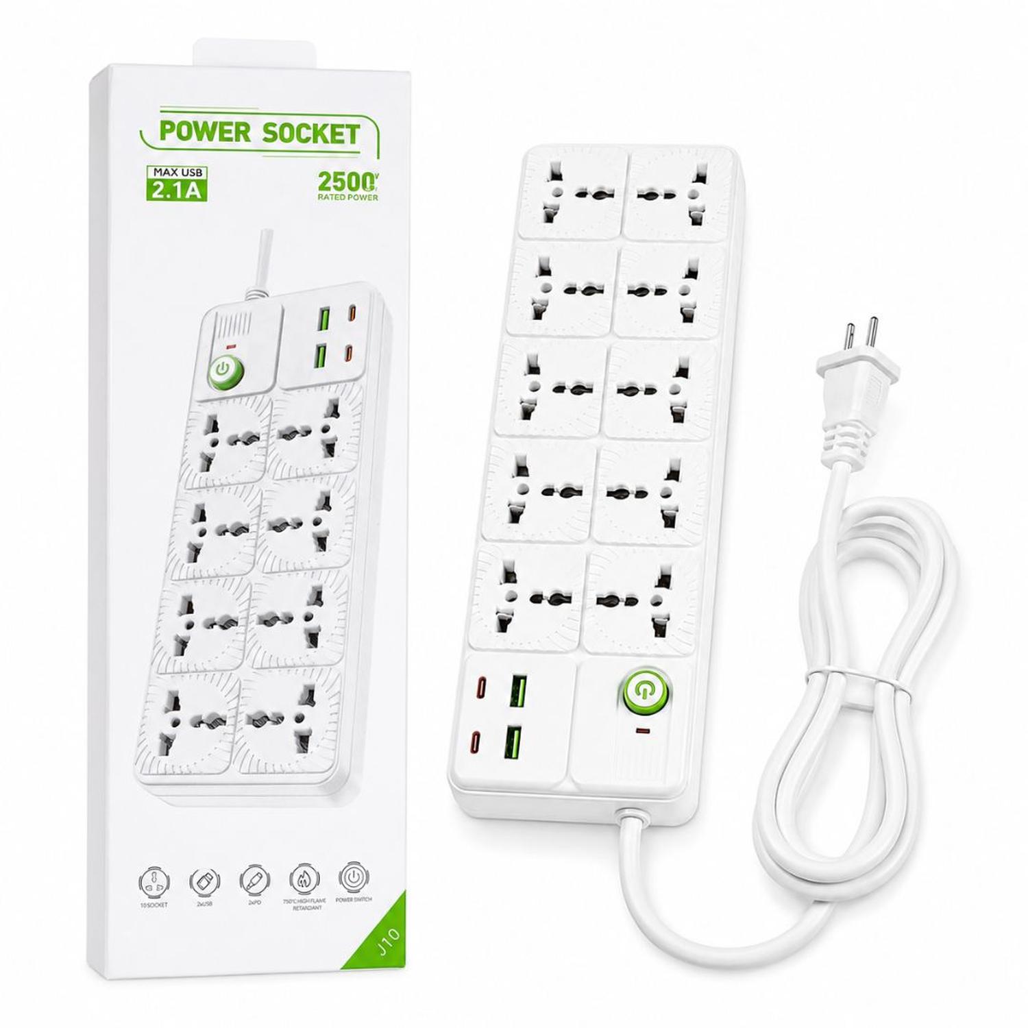 CARGADOR MULTIPUERTO 14 EN 1 EXTENSIÓN REGLETA 2500W PUERTOS USB TIPO C TOMACORRIENTES - 1