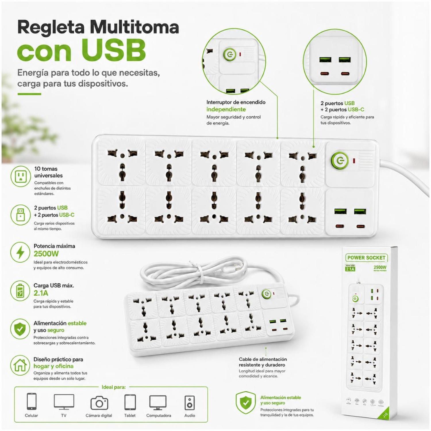 CARGADOR MULTIPUERTO 14 EN 1 EXTENSIÓN REGLETA 2500W PUERTOS USB TIPO C TOMACORRIENTES - 2