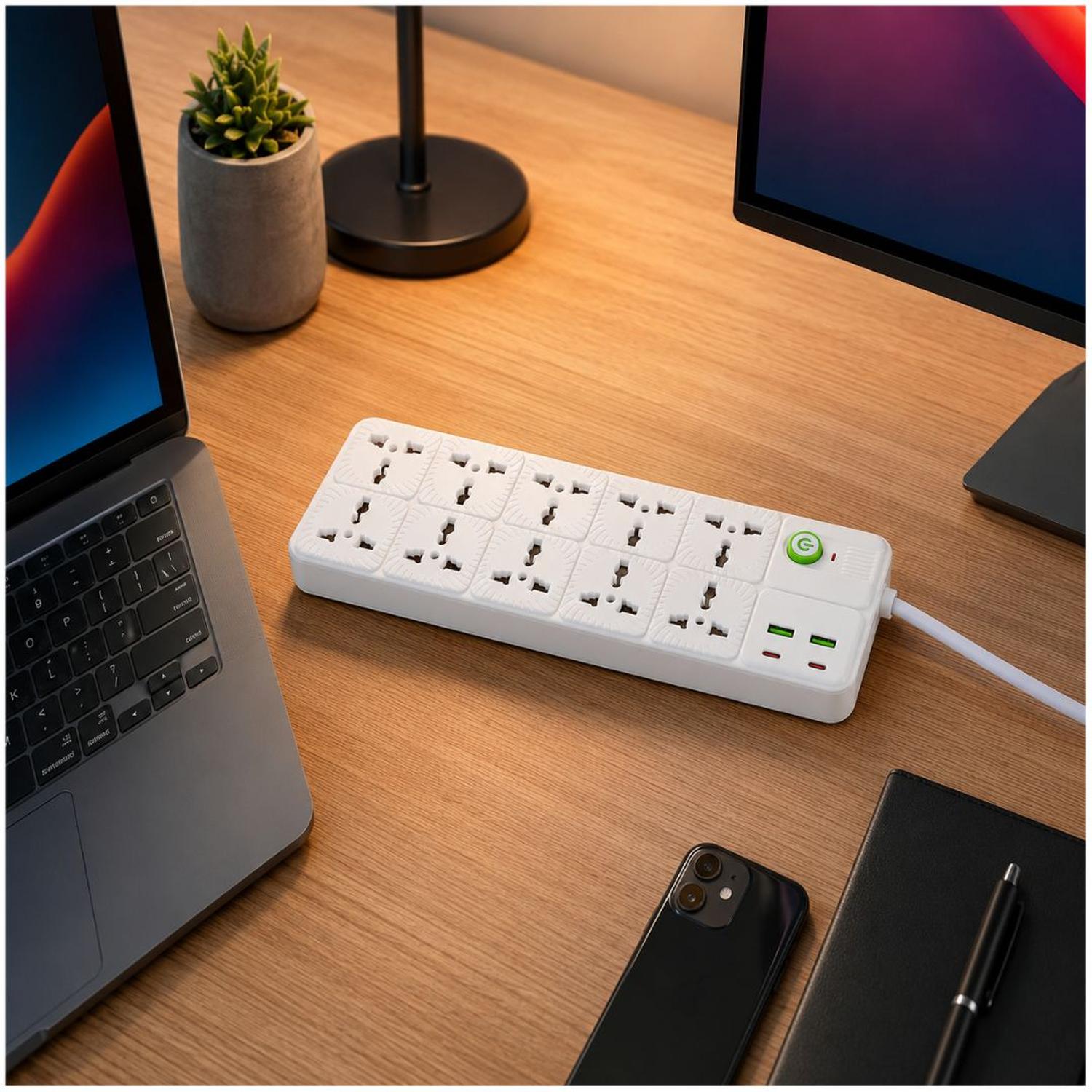 CARGADOR MULTIPUERTO 14 EN 1 EXTENSIÓN REGLETA 2500W PUERTOS USB TIPO C TOMACORRIENTES - 3