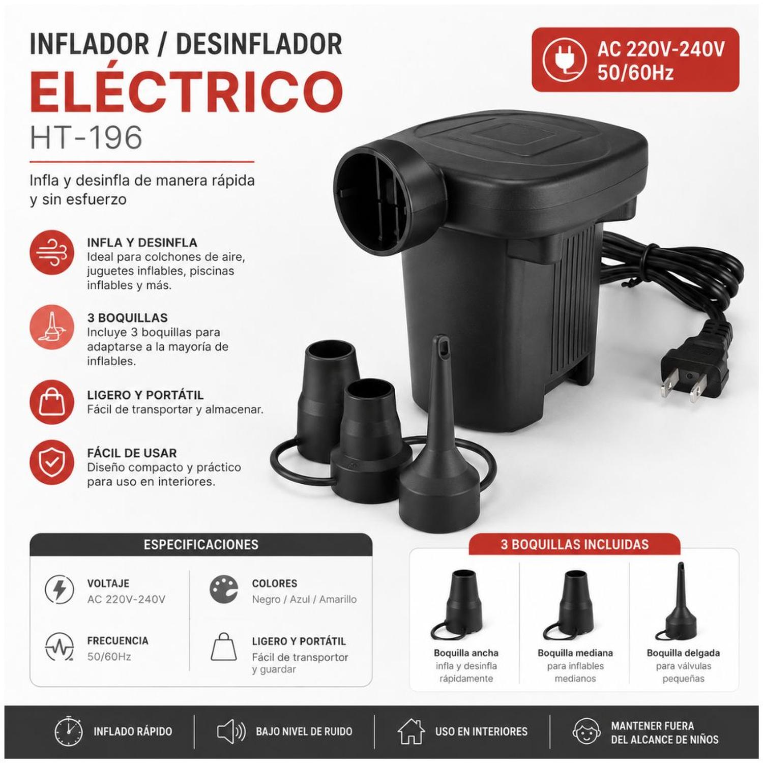 INFLADOR ELÉCTRICO PORTÁTIL HT-196 DE 220V MULTIUSOS COLCHONES PISCINAS GLOBOS - 2